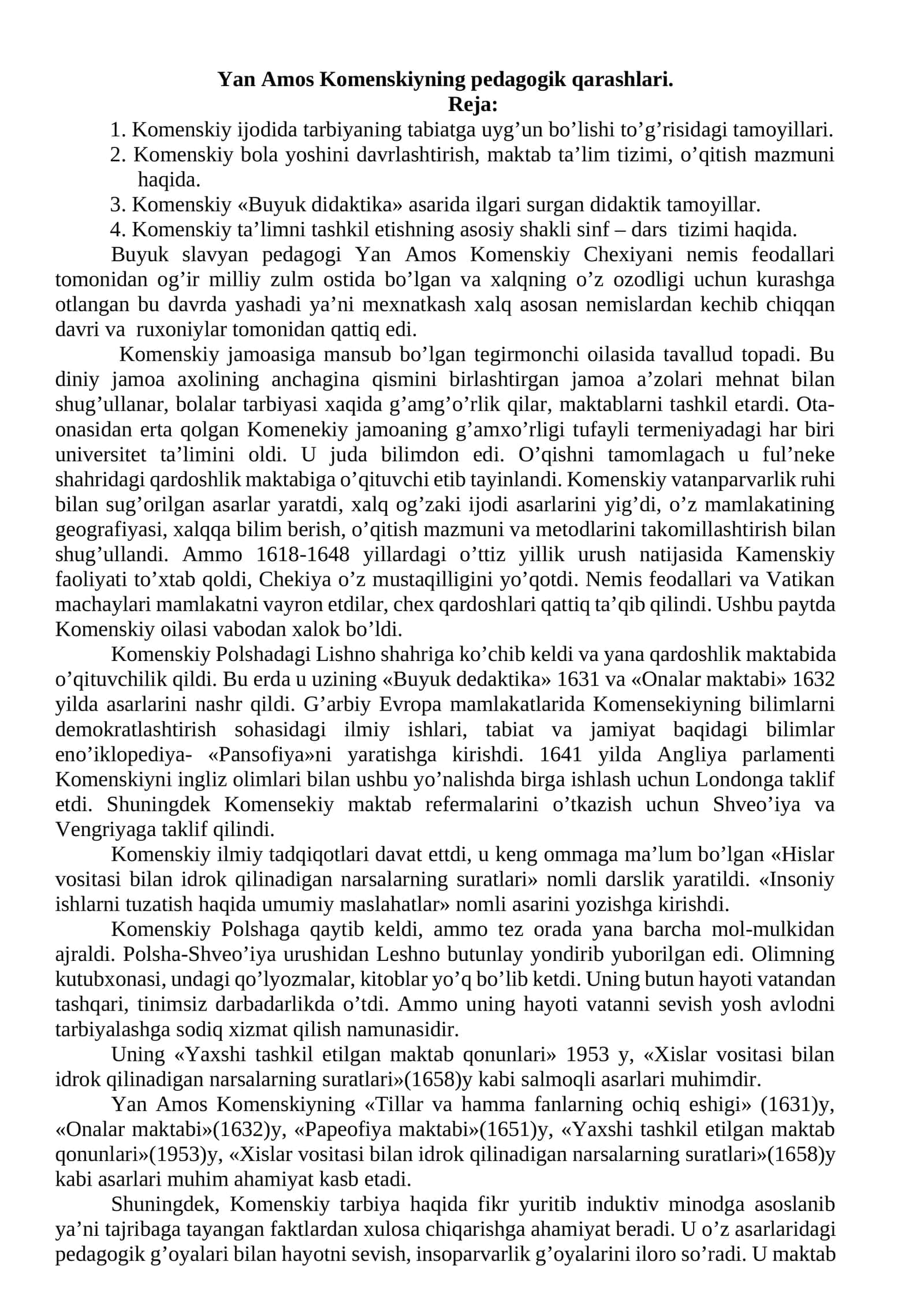 Yan Amos Komenskiyning pedagogik qarashlari