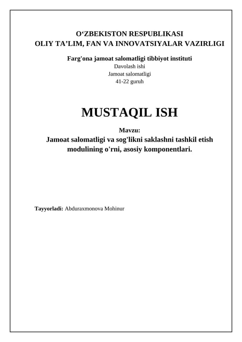 Jamoat salomatligi va sog'likni saklashni tashkil etish moduli