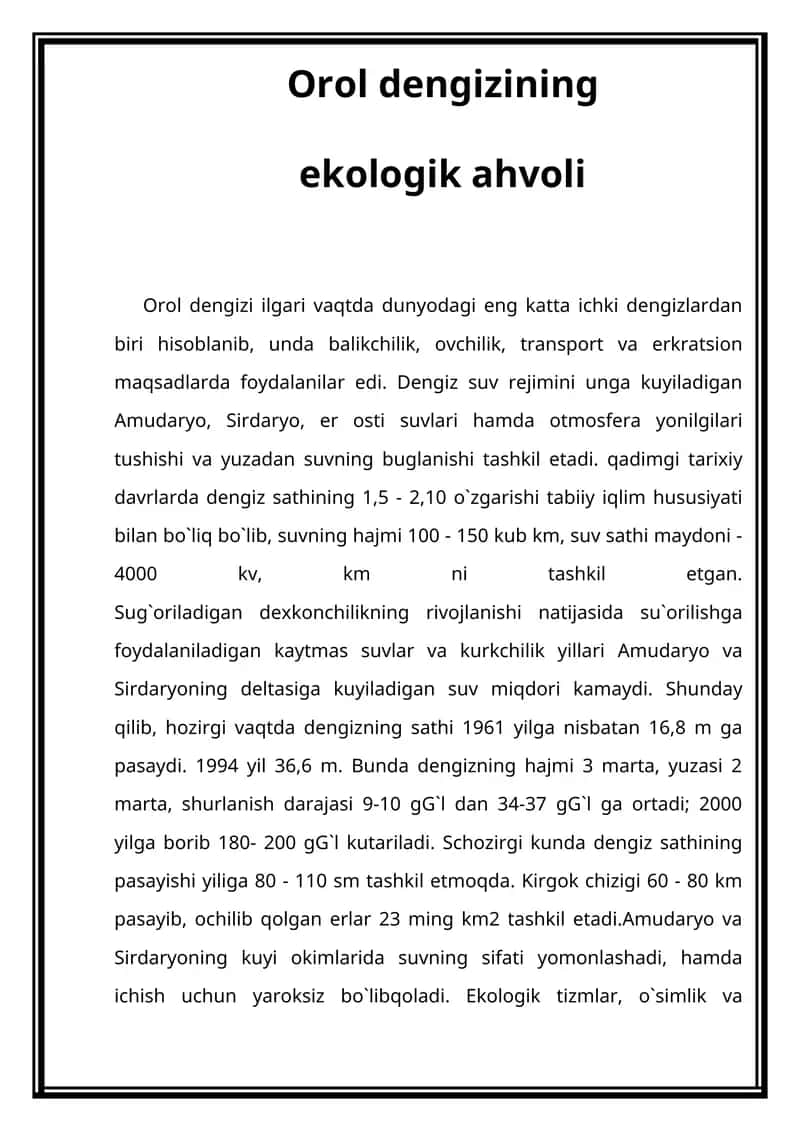 Orol dengizining ekologik ahvoli
