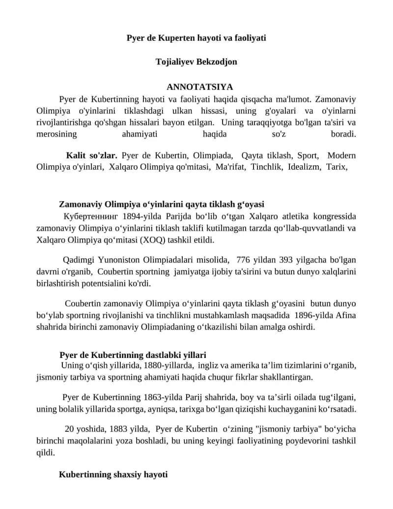 Pyer de Kuperten hayoti va faoliyati