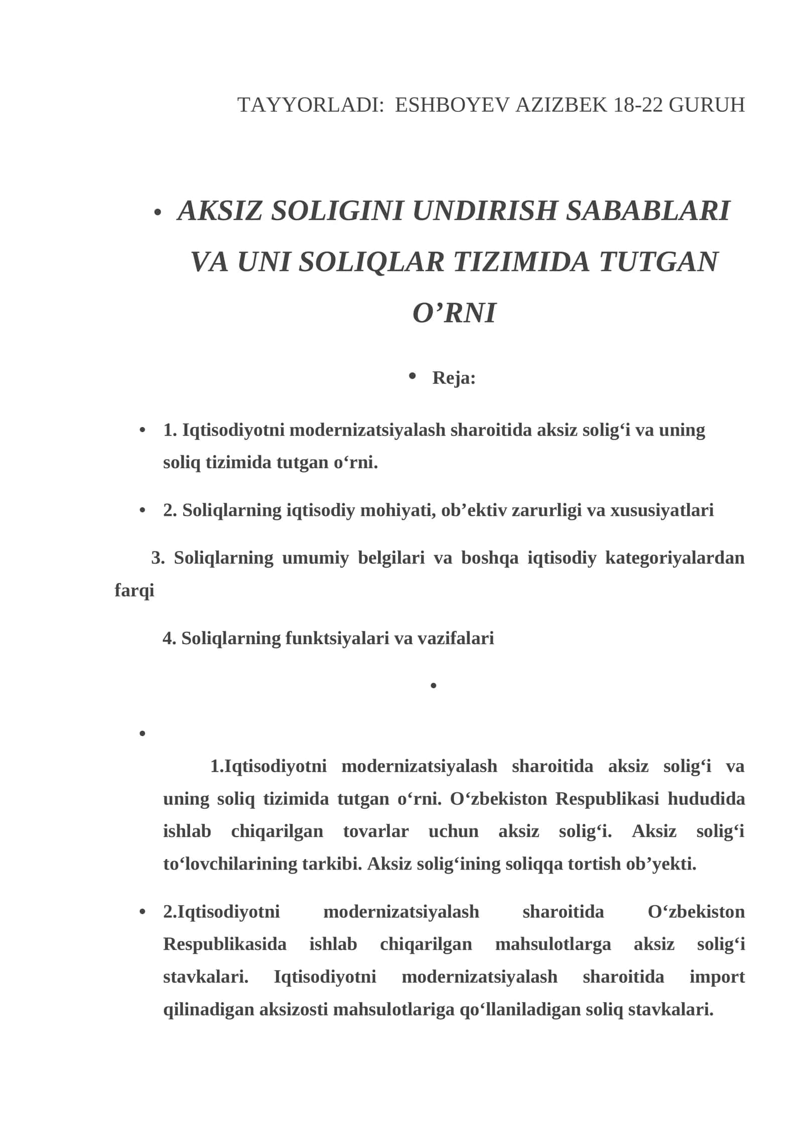 TAYYORLADI: ESHBOYEV AZIZBEK 18-22 GURUH