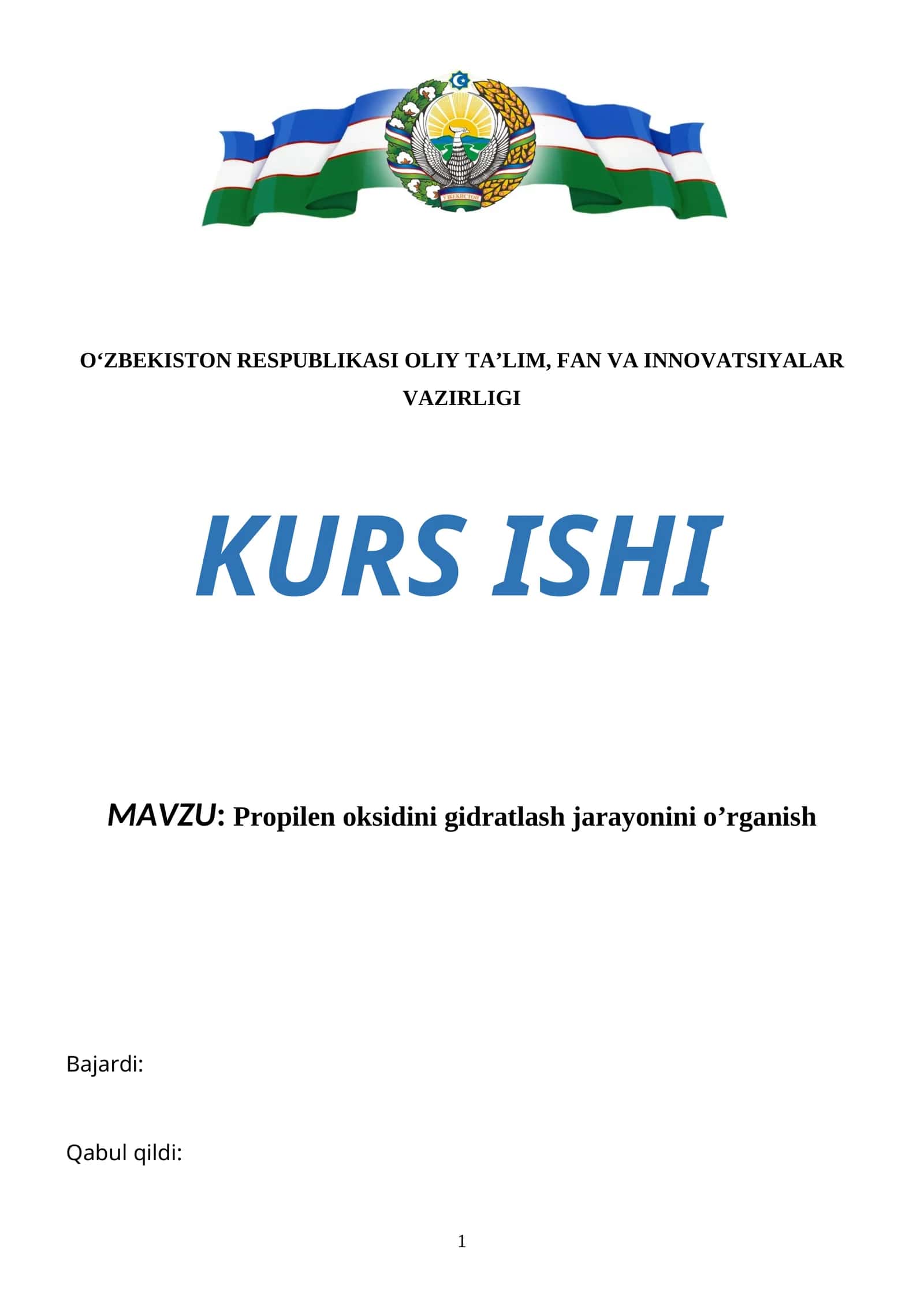 Propilen oksidini gidratlash jarayonini o’rganish