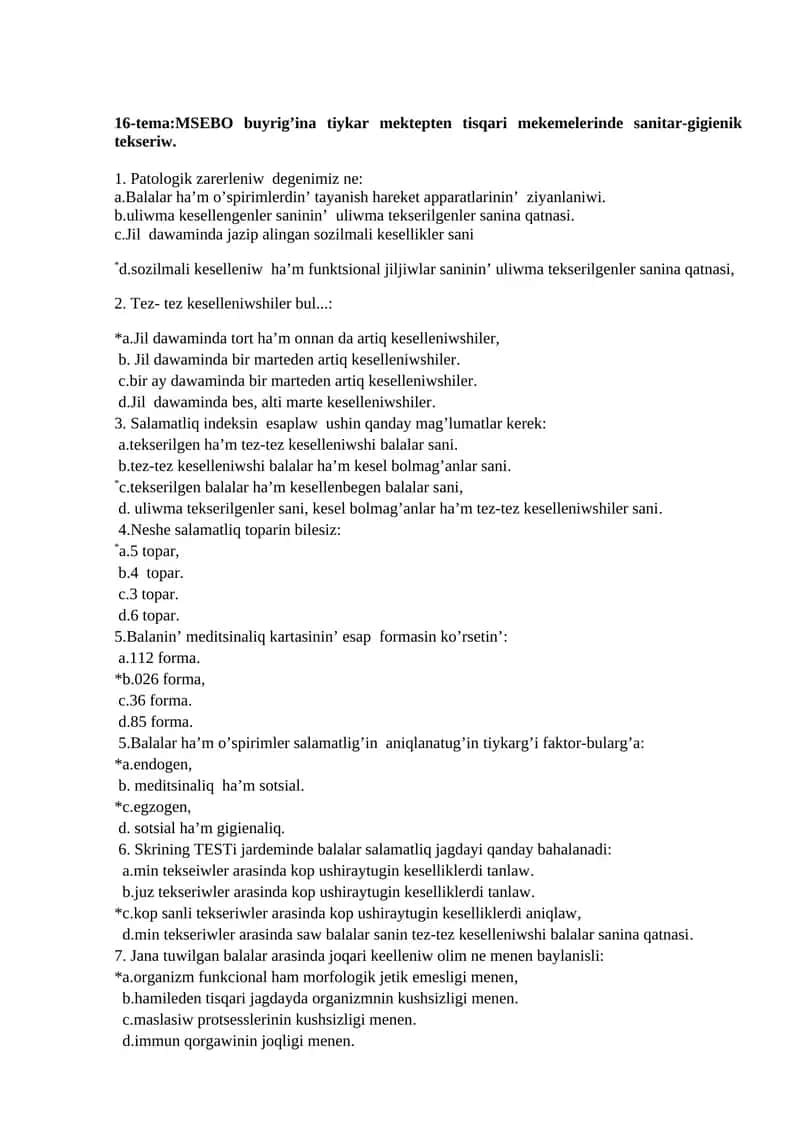 16-tema:MSEBO buyrig’ina tiykar mektepten tisqari mekemelerinde sanitar-gigienik tekseriw