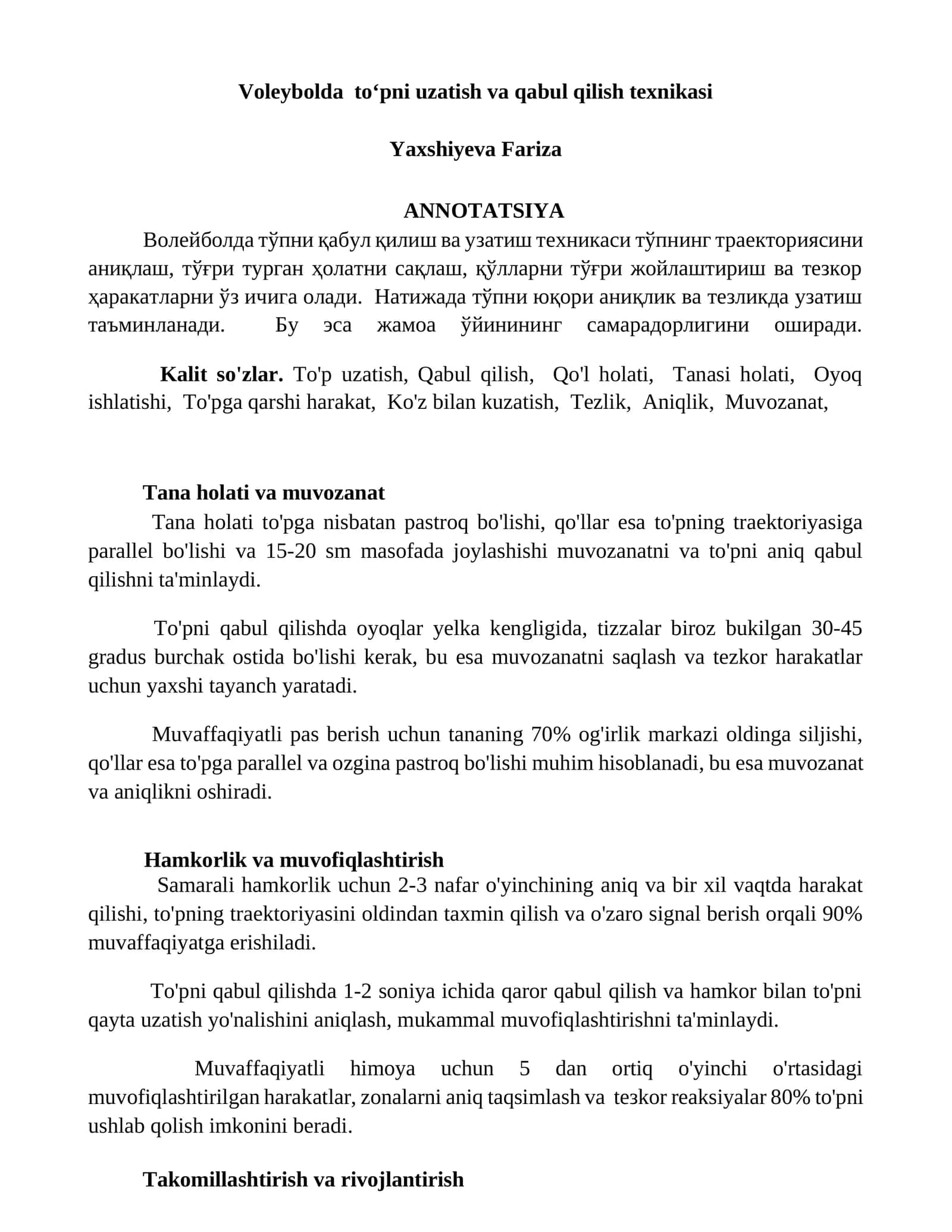 Voleybolda toʻpni uzatish va qabul qilish texnikasi