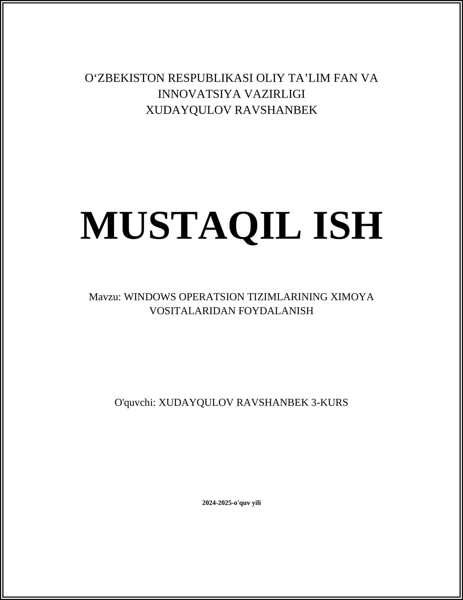 WINDOWS OPERATSION TIZIMLARINING XIMOYA VOSITALARIDAN FOYDALANISH