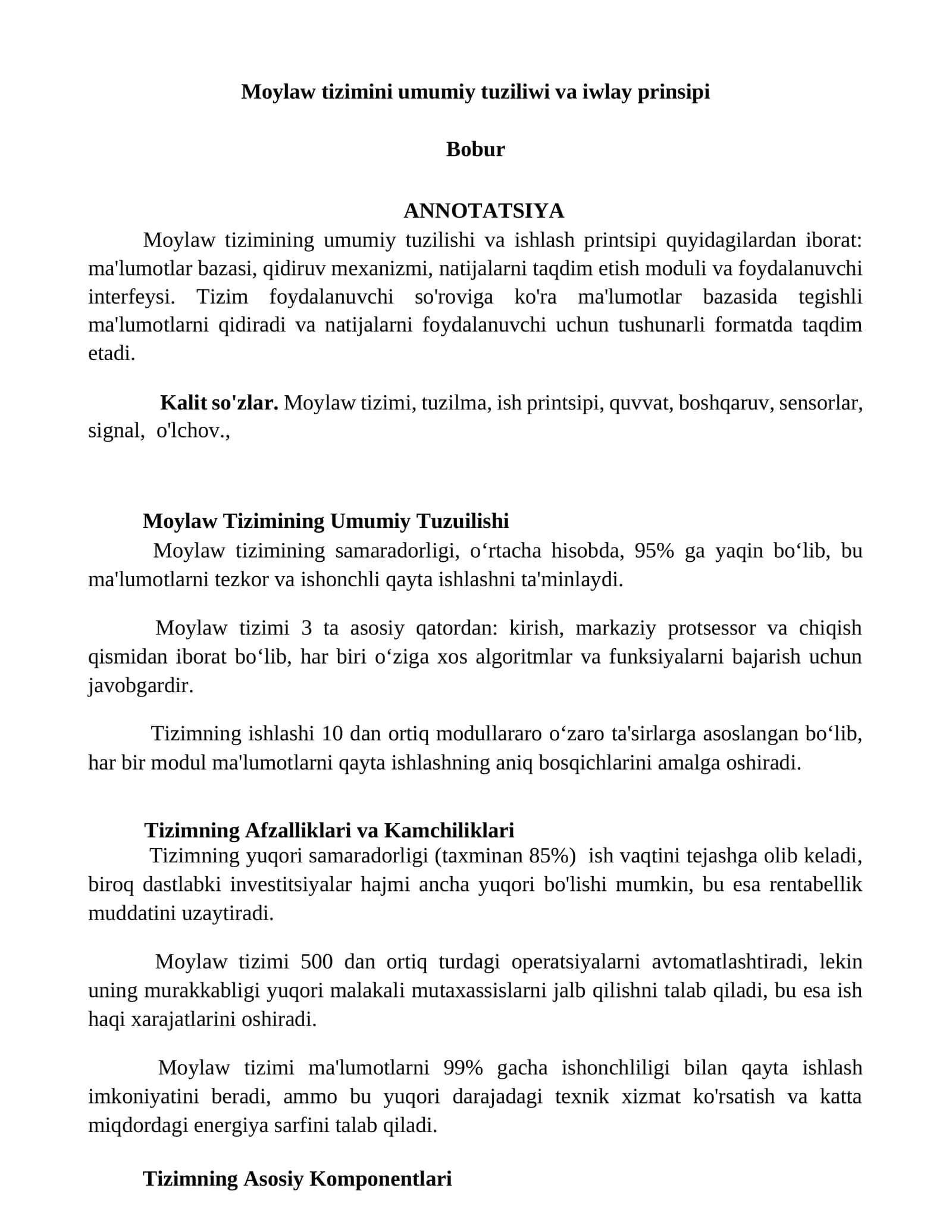 Moylaw tizimini umumiy tuzilishi va iwlaw prinsipi