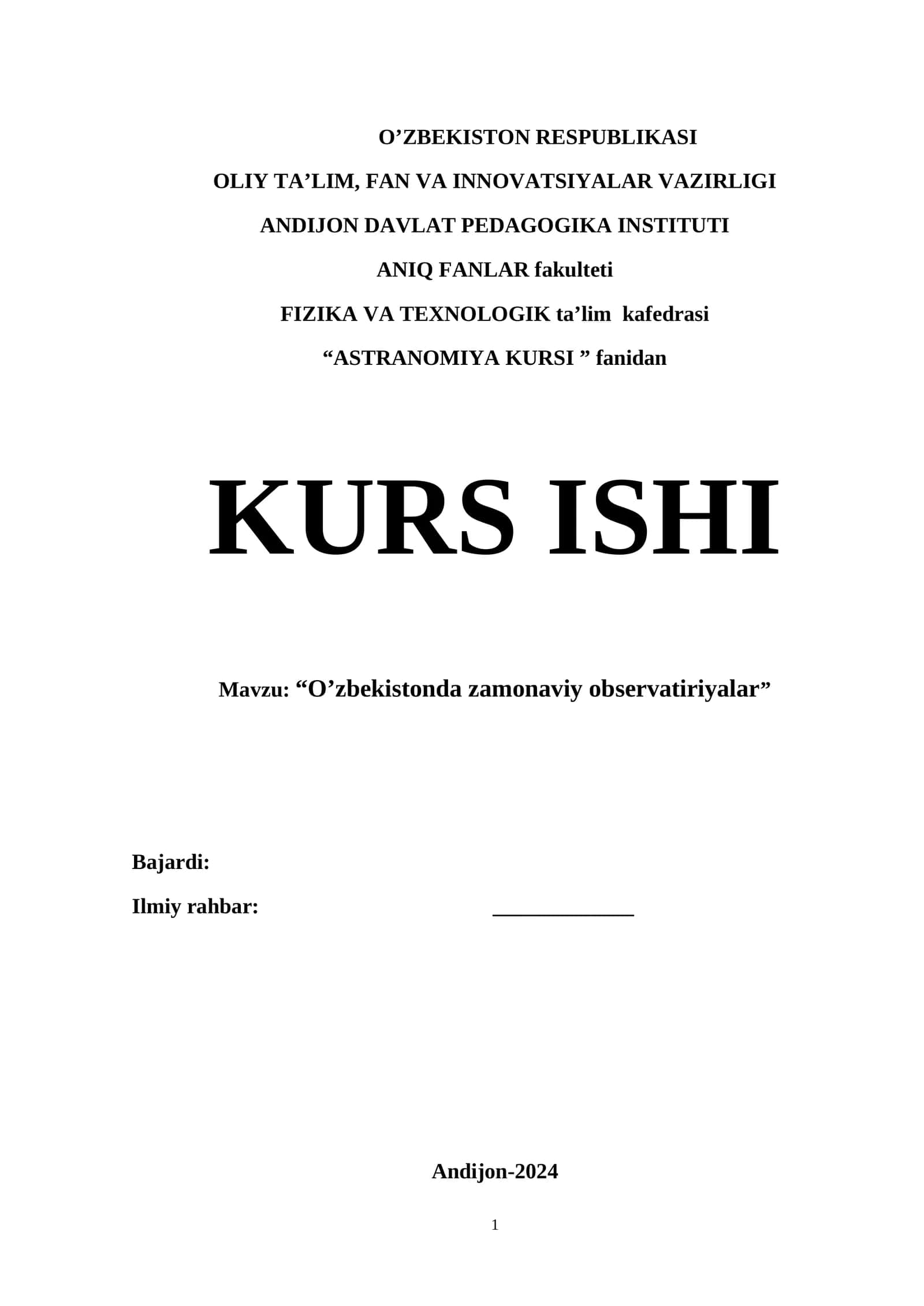 “ASTRANOMIYA KURSI ” fanidan