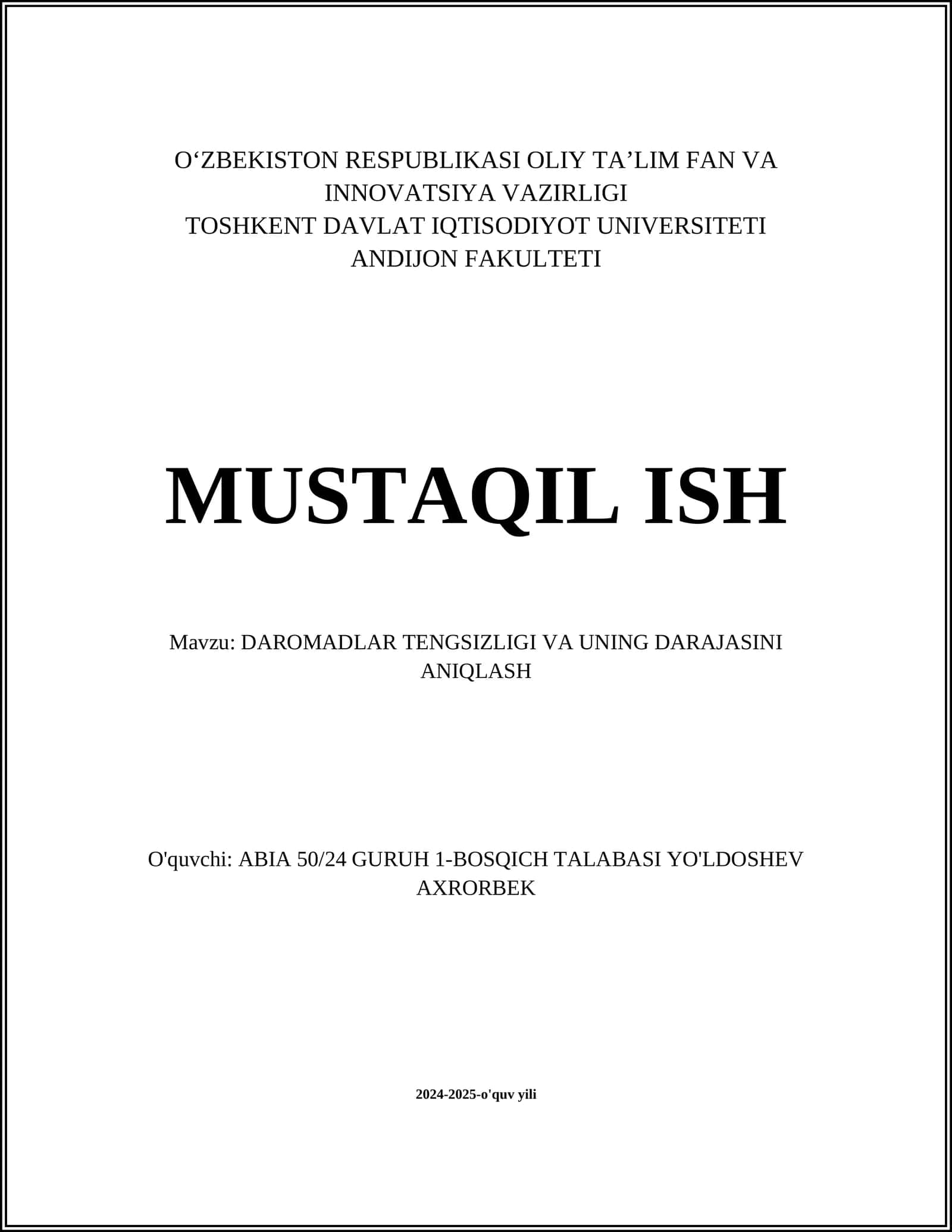 DAROMADLAR TENGSIZLIGI VA UNING DARAJASINI ANIQLASH
