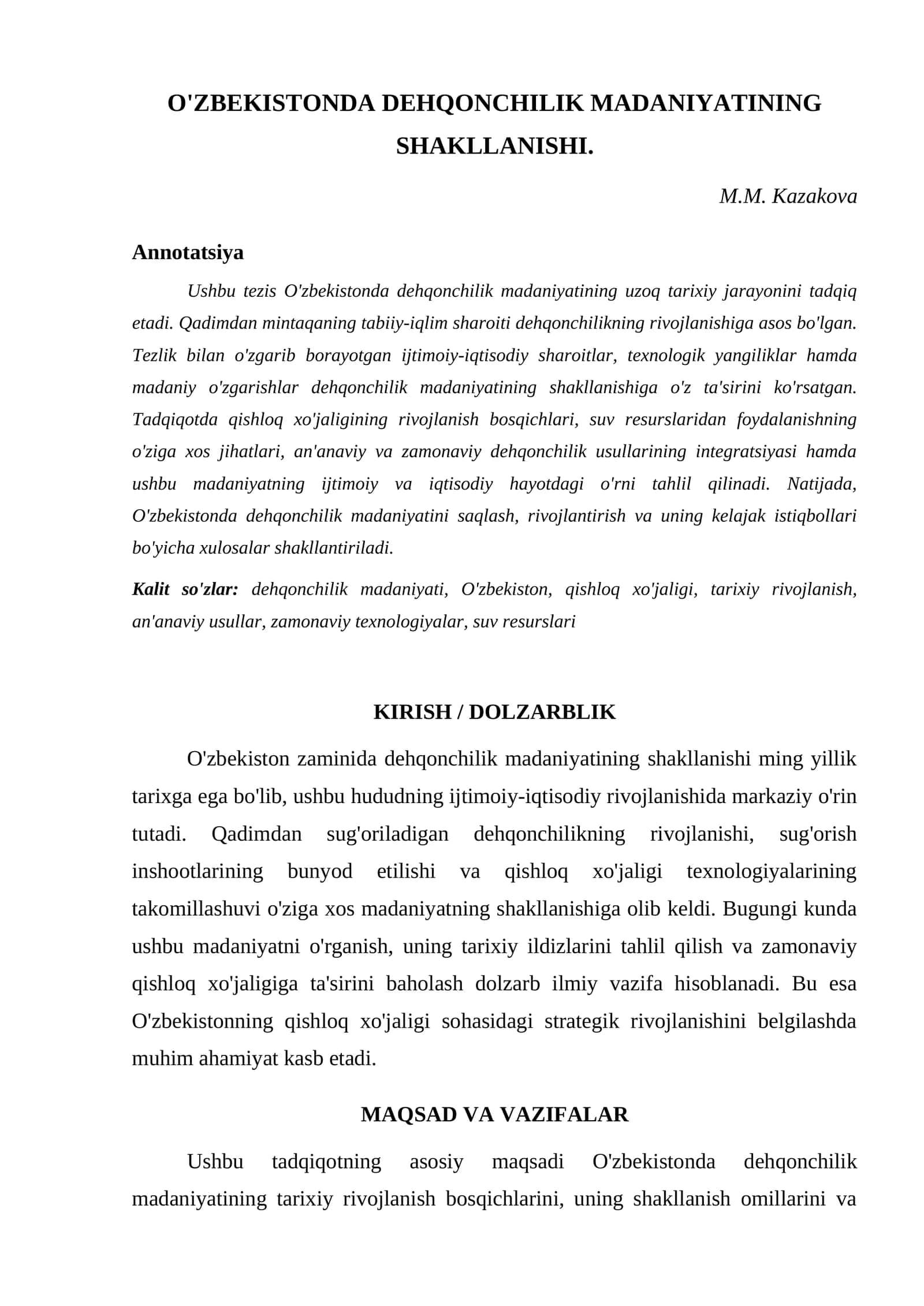 O'ZBEKISTONDA DEHQONCHILIK MADANIYATINING SHAKLLANISHI