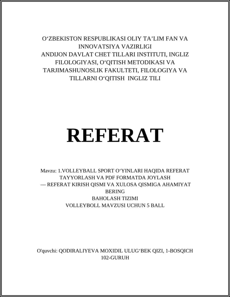 Voleybol sport o'yinlari haqida referat