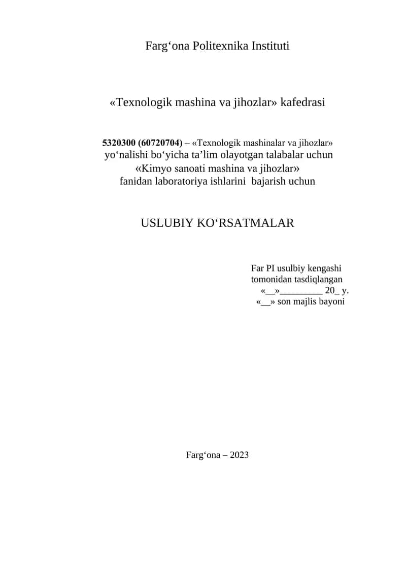 "Kimyo sanoati mashina va jihozlar" laboratoriya ishlari