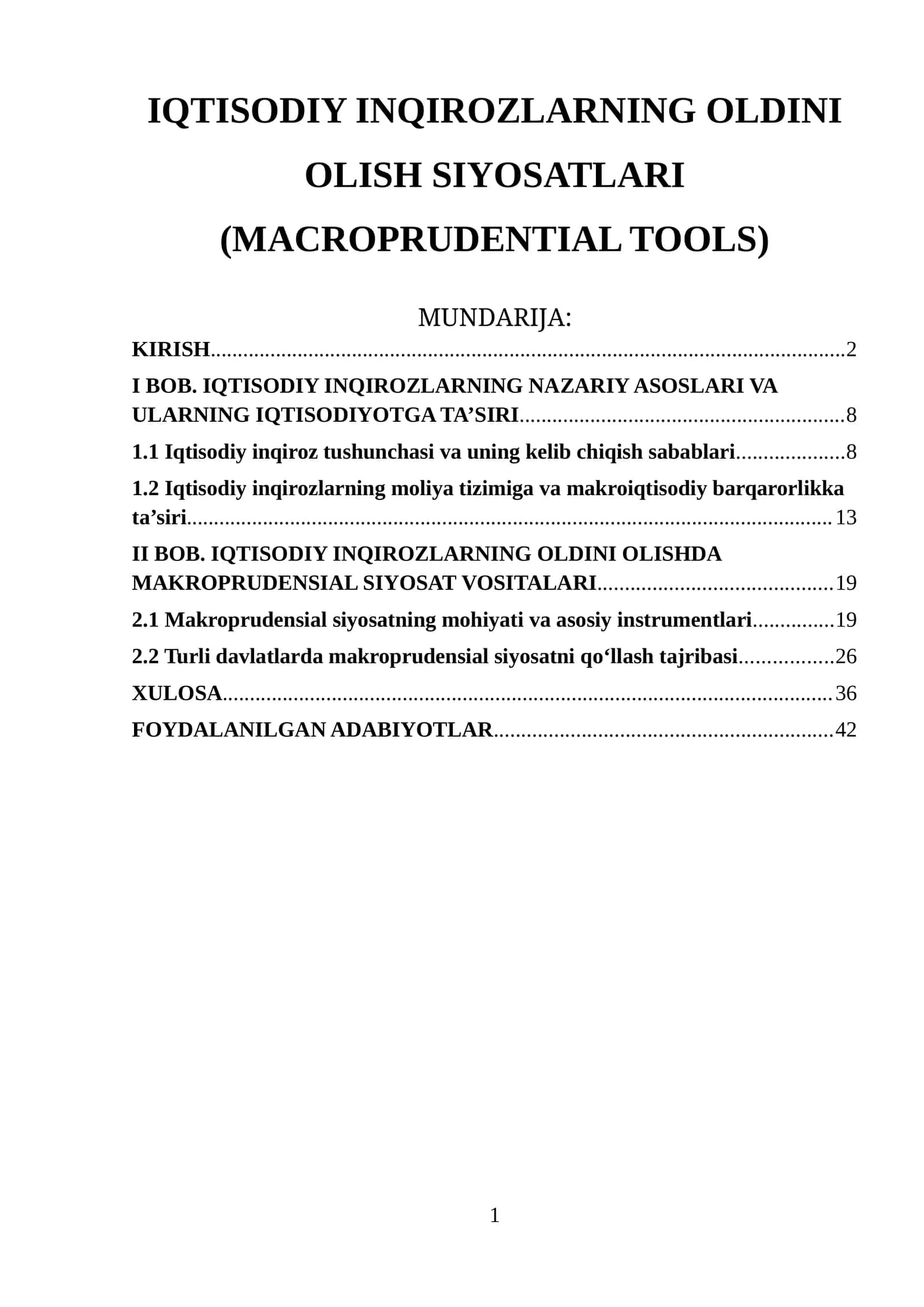 IQTISODIY INQIROZLARNING OLDINI OLISH SIYOSATLARI (MACROPRUDENTIAL TOOLS)