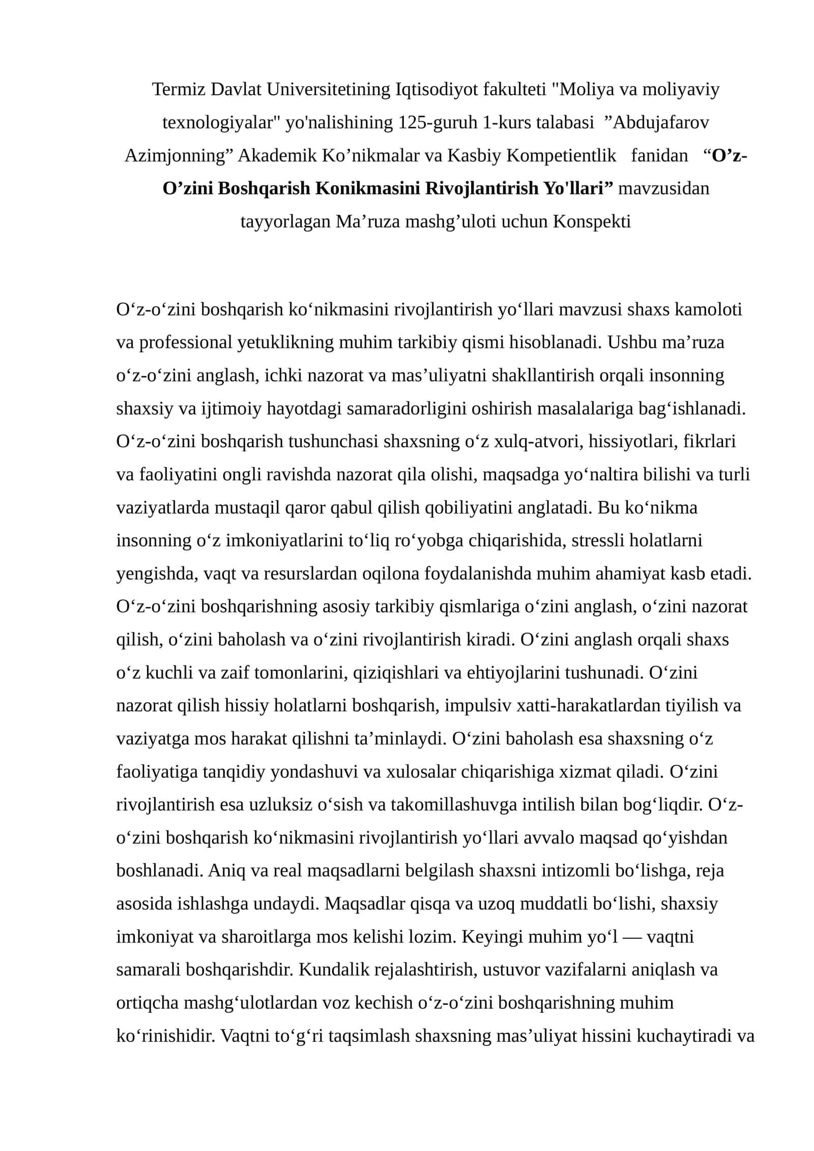 O‘z-O‘zini Boshqarish Konikmasini Rivojlantirish Yo'llari