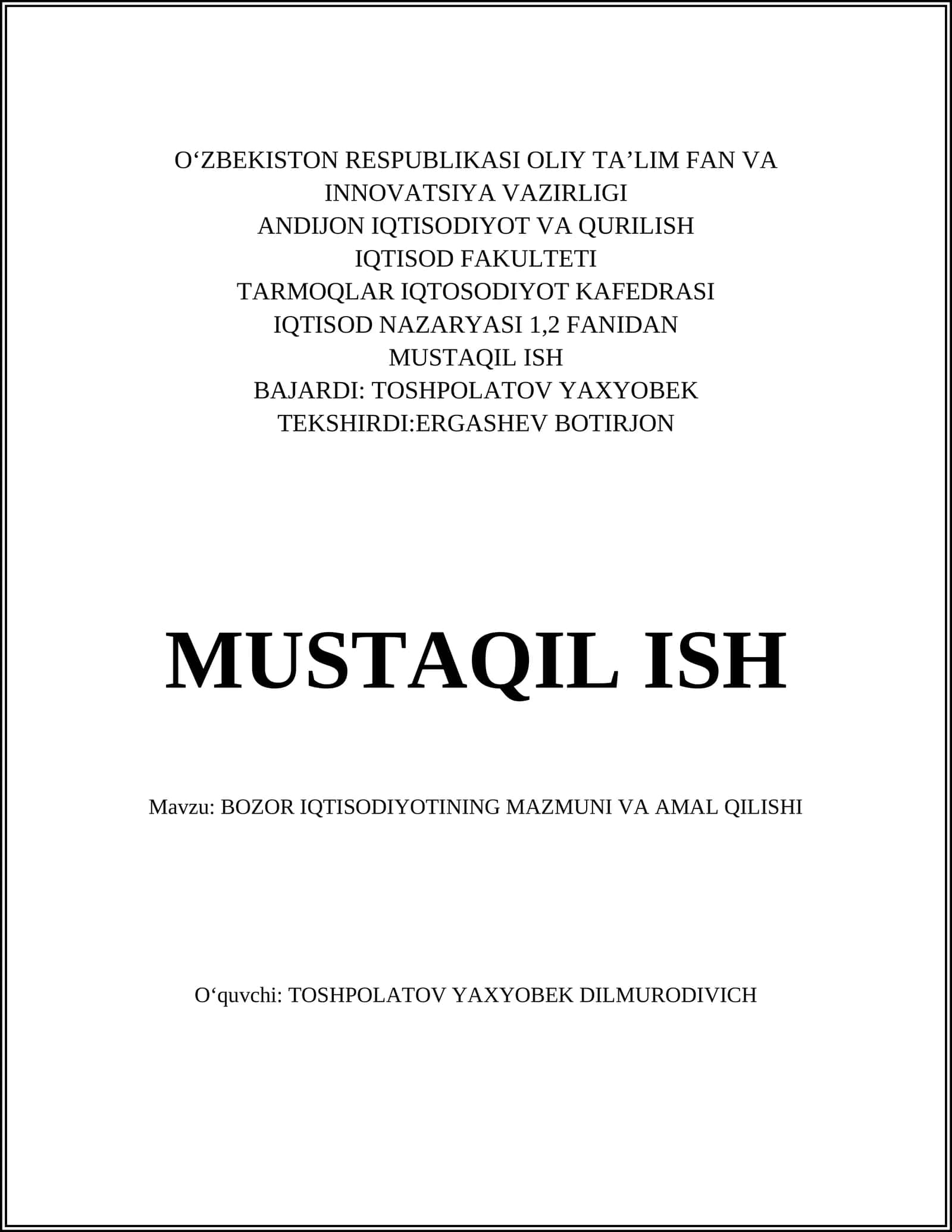 BOZOR IQTISODIOTINING MAZMUNI VA AMAL QILISHI
