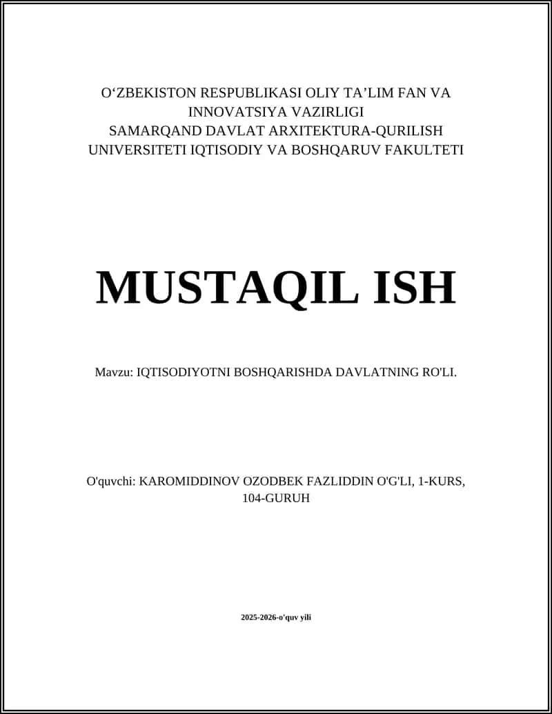 IQTISODIYOTNI BOSHQARISHDA DAVLATNING RO'LI