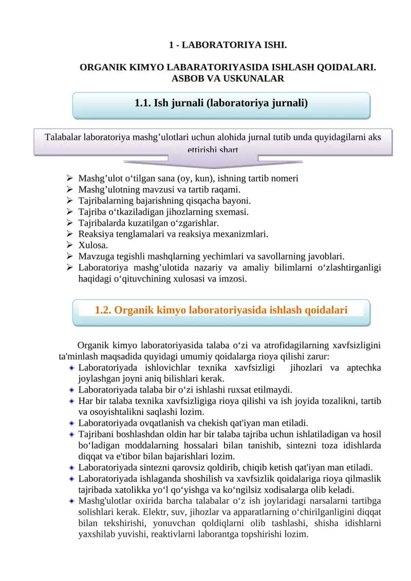ORGANIK KIMYО LABARATORIYАSIDA ISHLASH QOIDALARI. ASBOB VA USKUNALAR