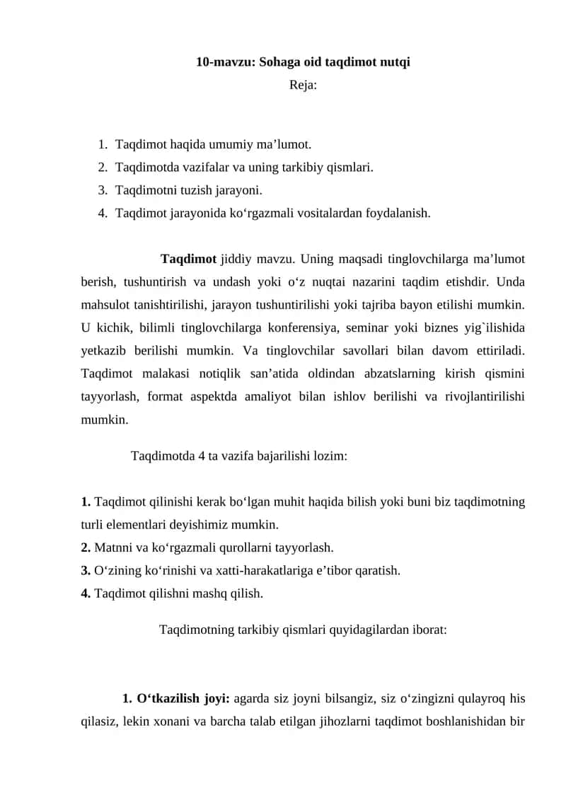 10-mavzu: Sohaga oid taqdimot nutqi