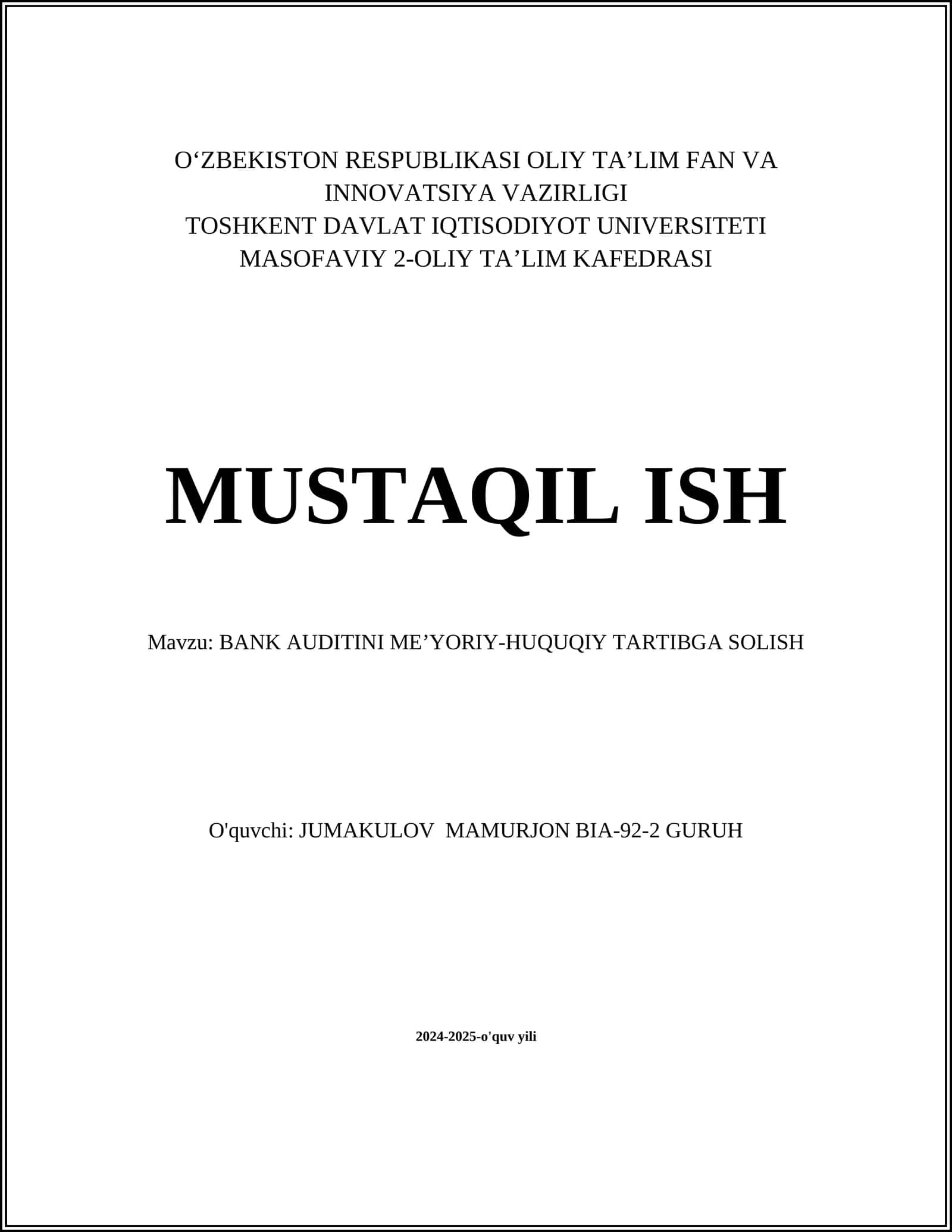 BANK AUDITINI MEʼYORIY-HUQUQIY TARTIBGA SOLISH