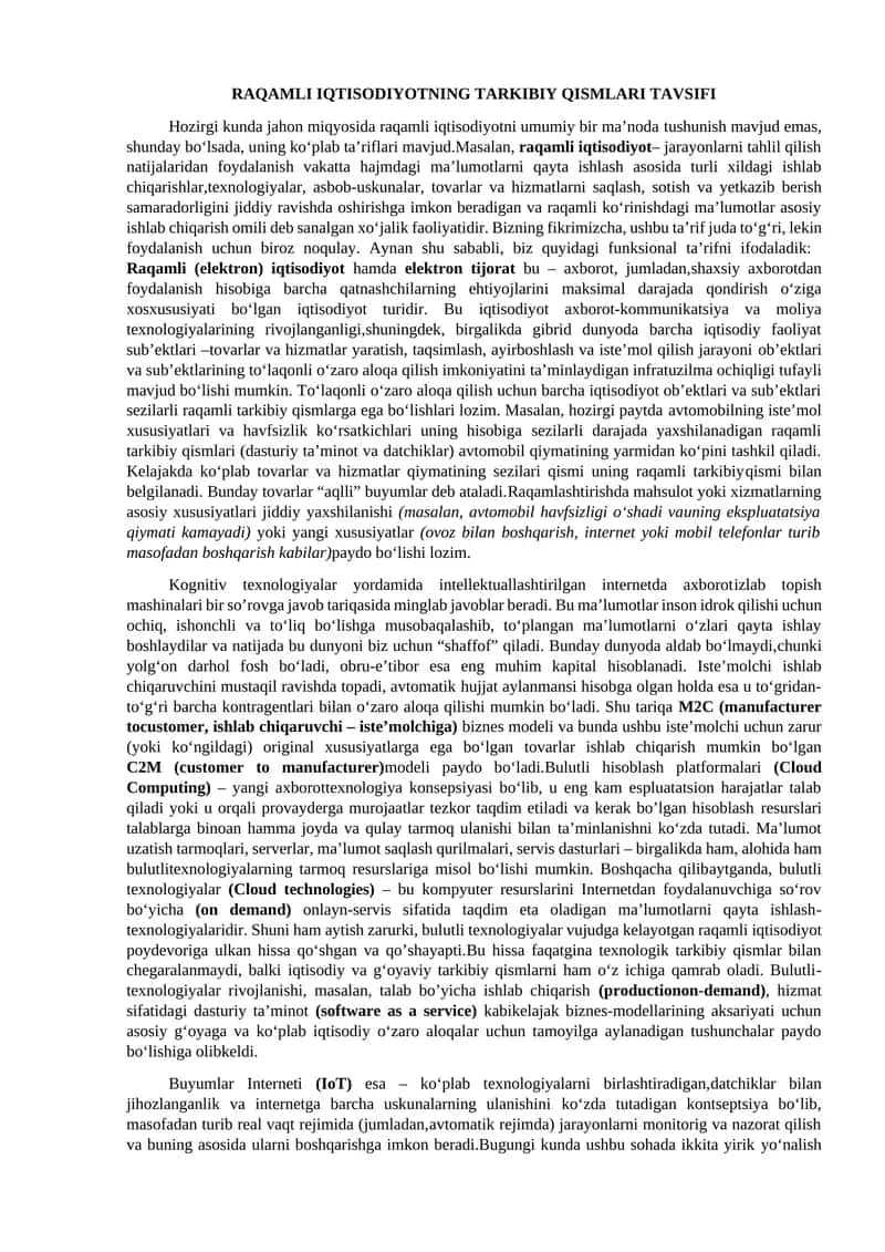 RAQAMLI IQTISODIYOTNING TARKIBIY QISMLARI TAVSIFI