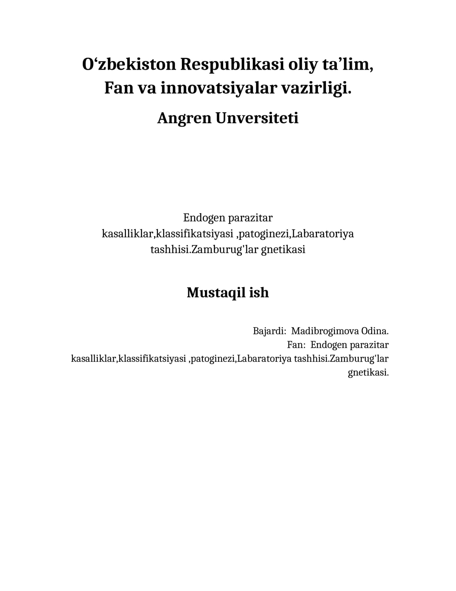 Endogen parazitar kasalliklar klassifikatsiyasi