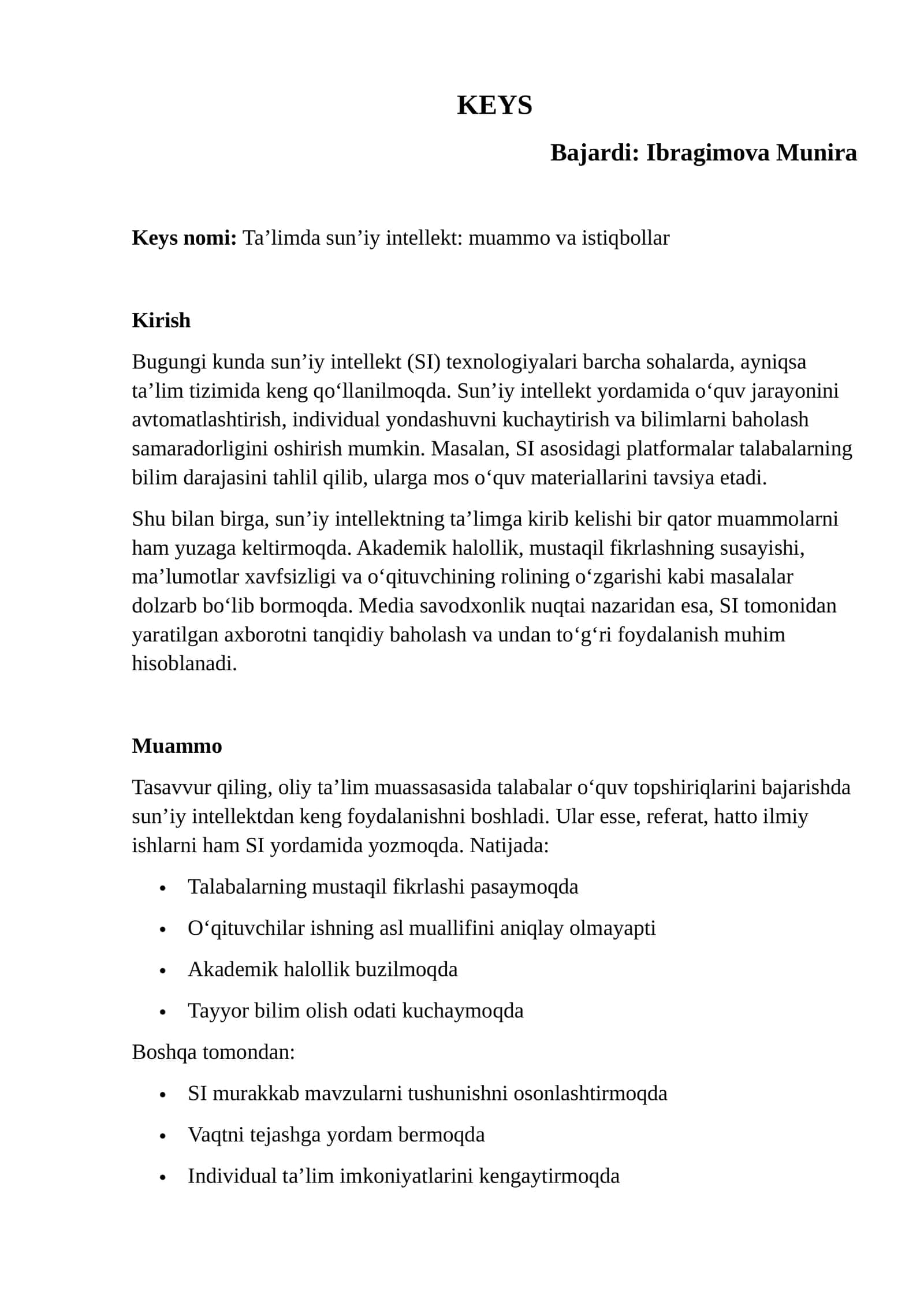 Ta’limda sun’iy intellekt: muammo va istiqbollar