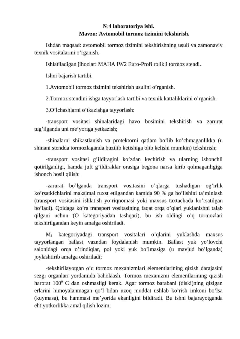 Avtomobil tormoz tizimini tekshirish
