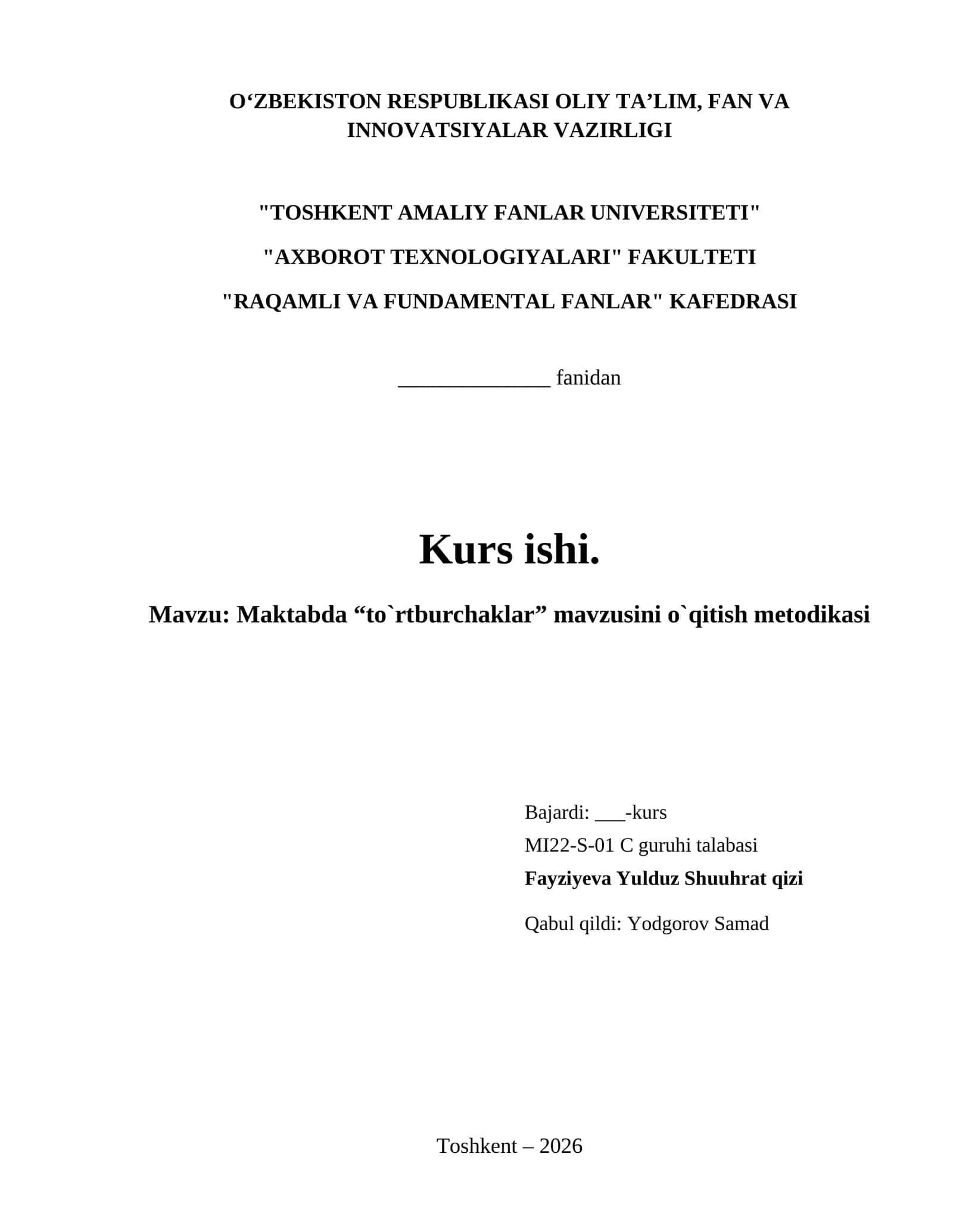 Maktabda “to`rtburchaklar” mavzusini o`qitish metodikasi