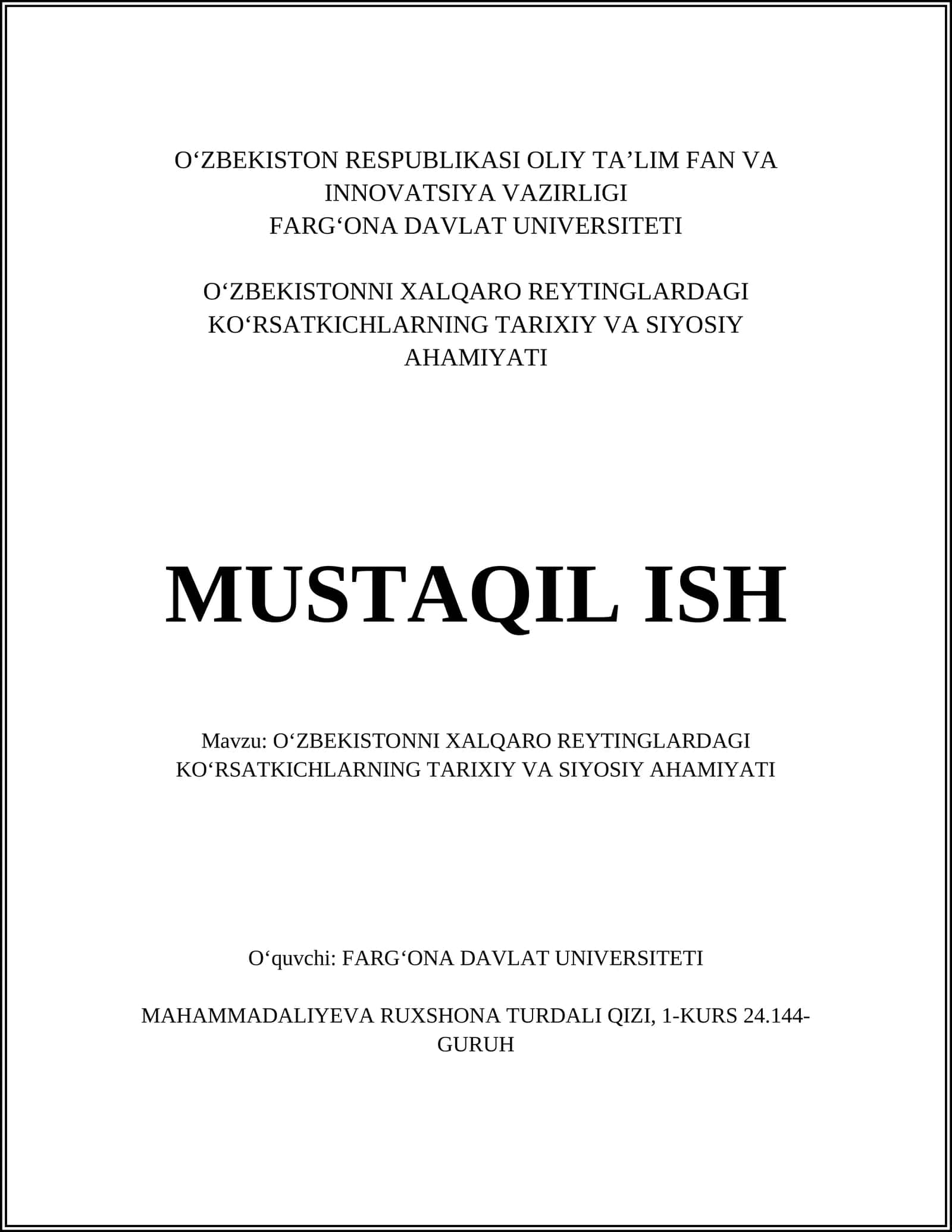 O‘zbekistonni xalqaro reytinglardagi ko‘rsatkichlarning tarixiy va siyosiy ahamiyati