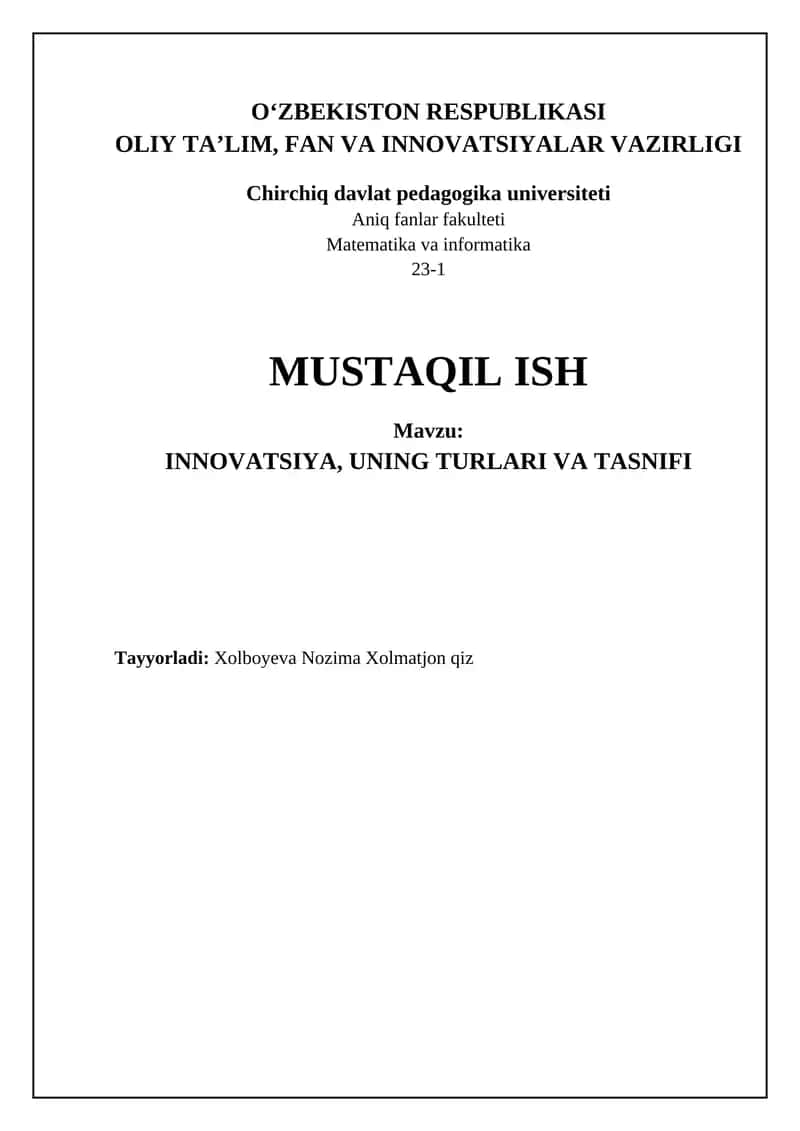 INNOVATSIYA, UNING TURLARI VA TASNIFI