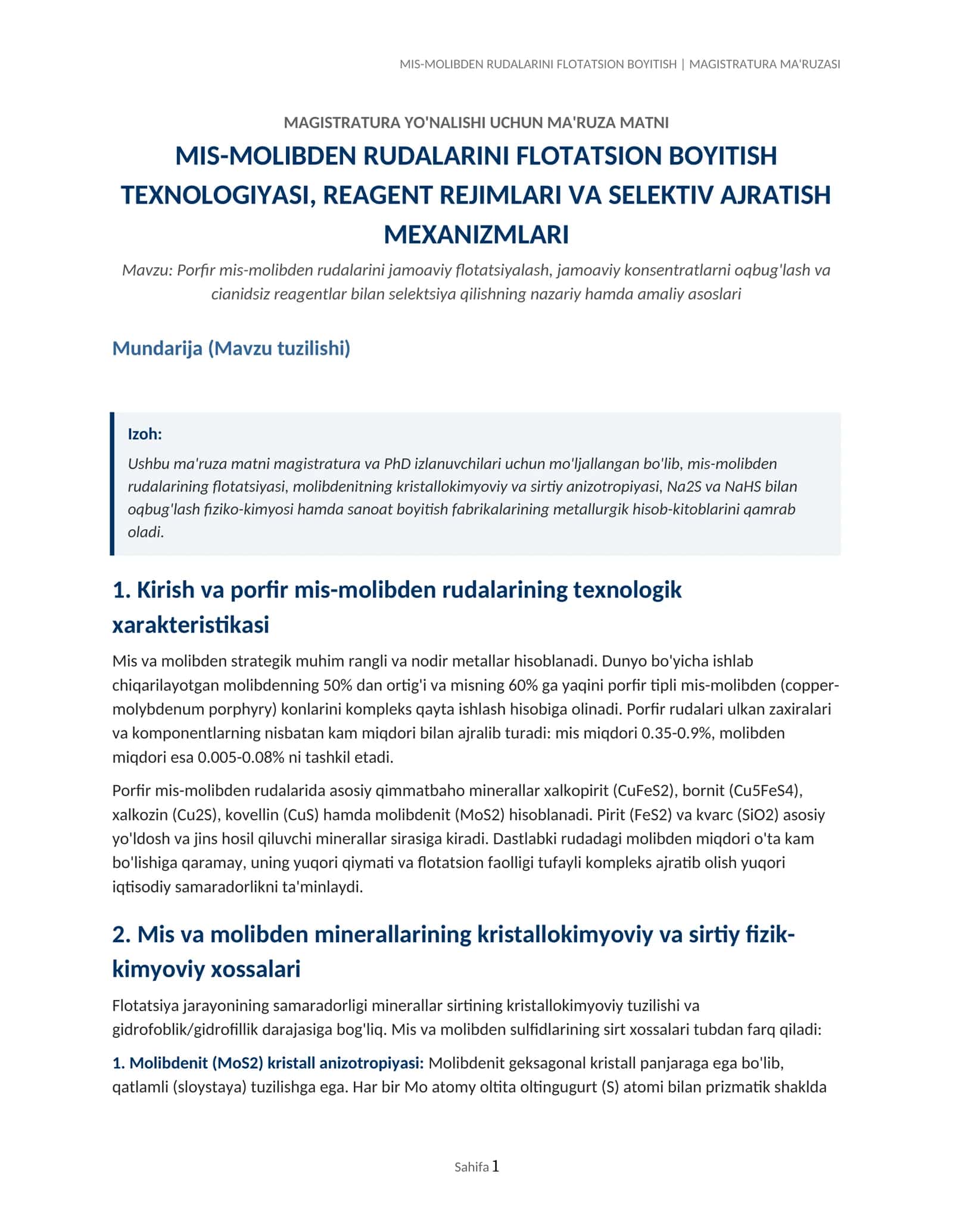 MIS-MOLIBDEN RUDALARINI FLOTATSION BOYITISH | MAGISTRATURA MA'RUZASI