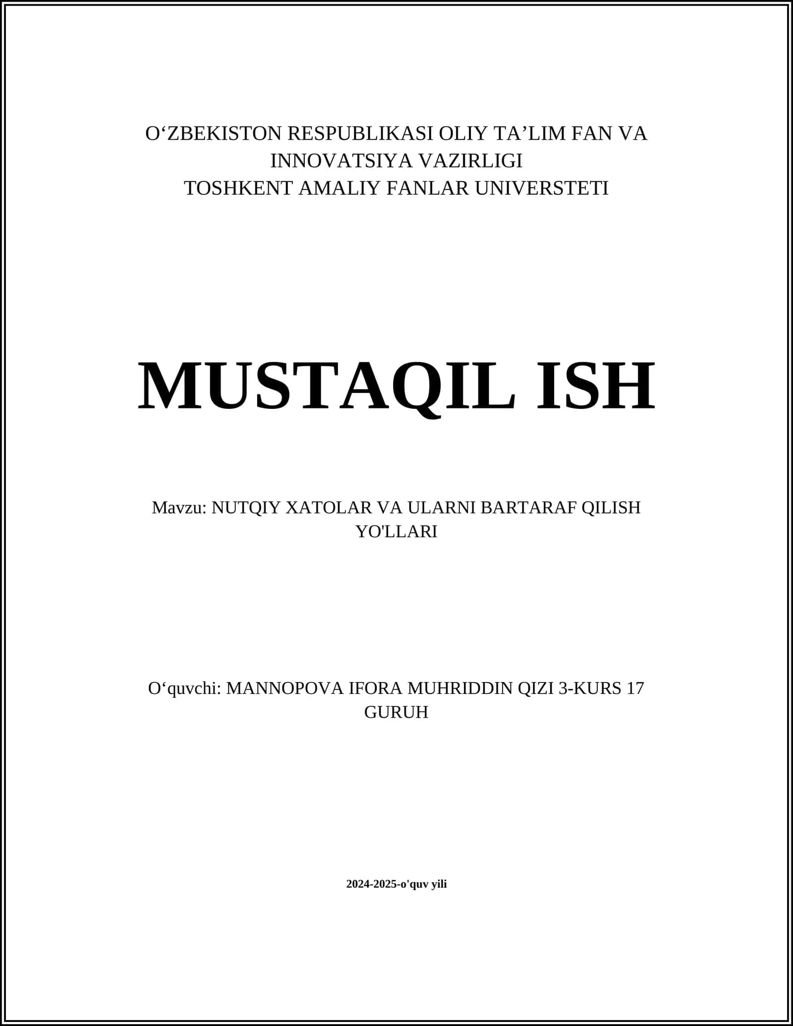 NUTQIY XATOLAR VA ULARNI BARTARAF QILISH YO'LLARI