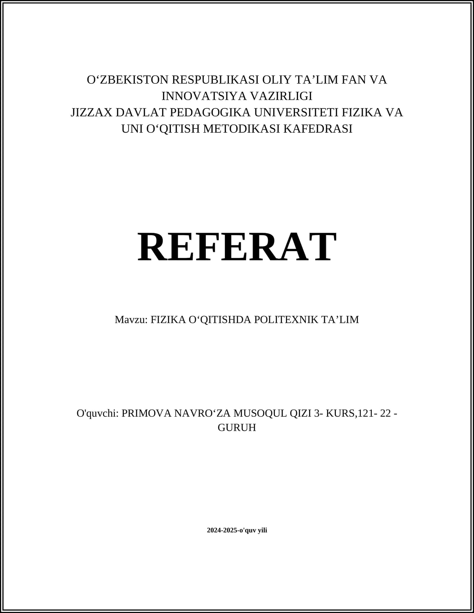 FIZIKA OʻQITISHDA POLITEXNIK TAʼLIM