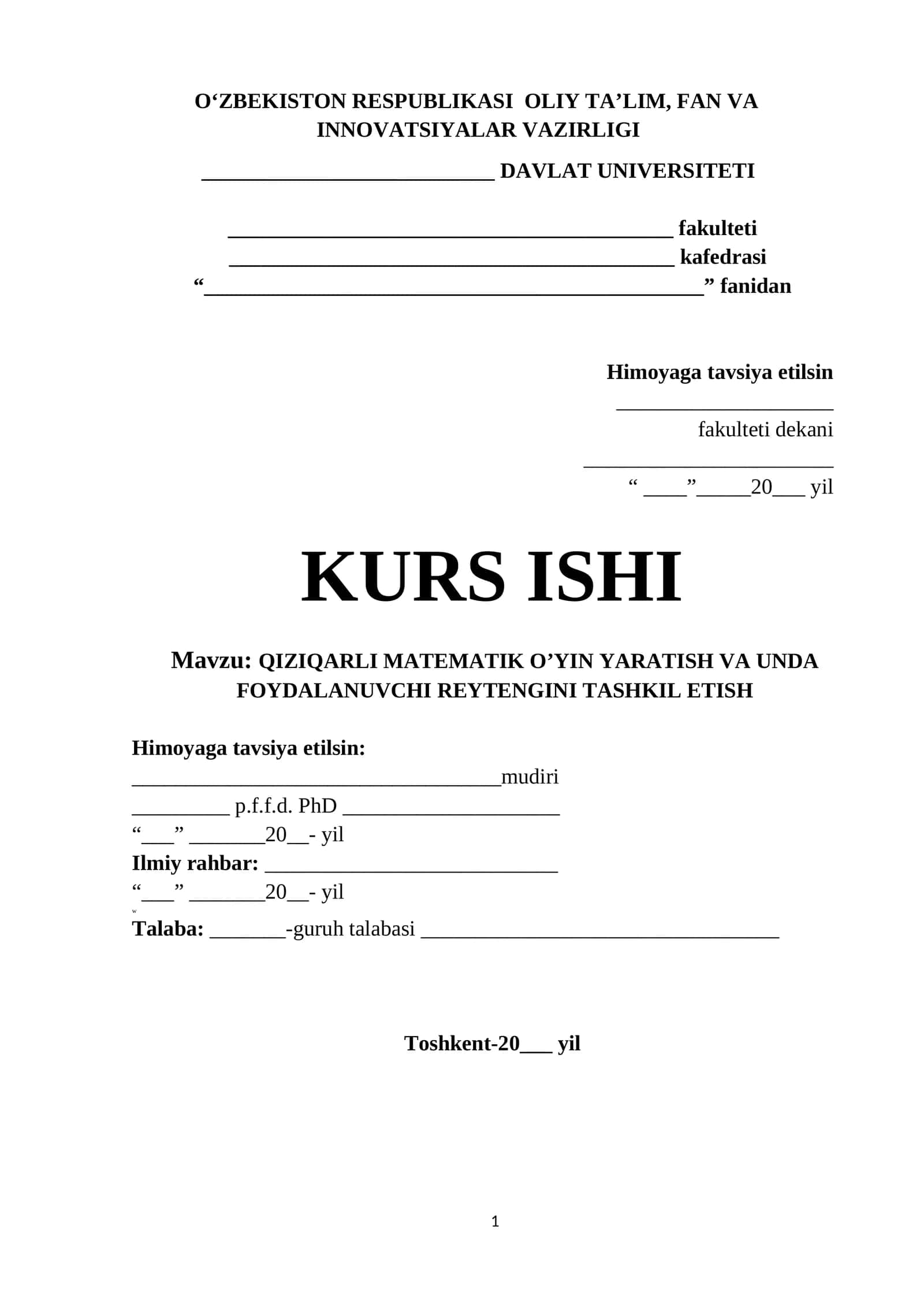 QIZIQARLI MATEMATIK O’YIN YARATISH VA UNDA FOYDALANUVCHI REYTENGINI TASHKIL ETISH