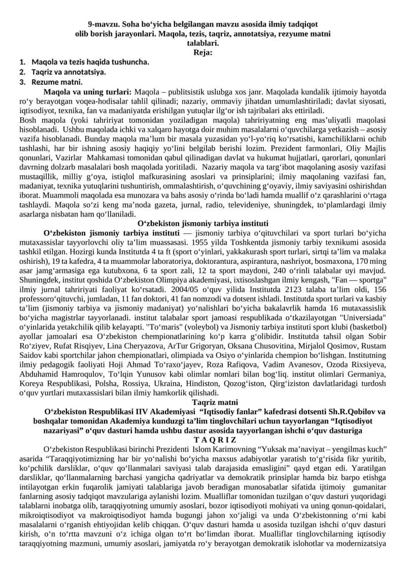 9-mavzu. Soha bo‘yicha belgilangan mavzu asosida ilmiy tadqiqot