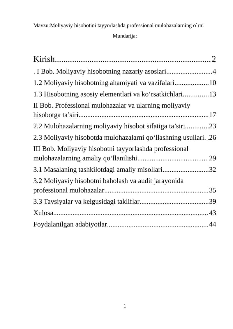 Moliyaviy hisobotni tayyorlashda professional mulohazalarning o`rni