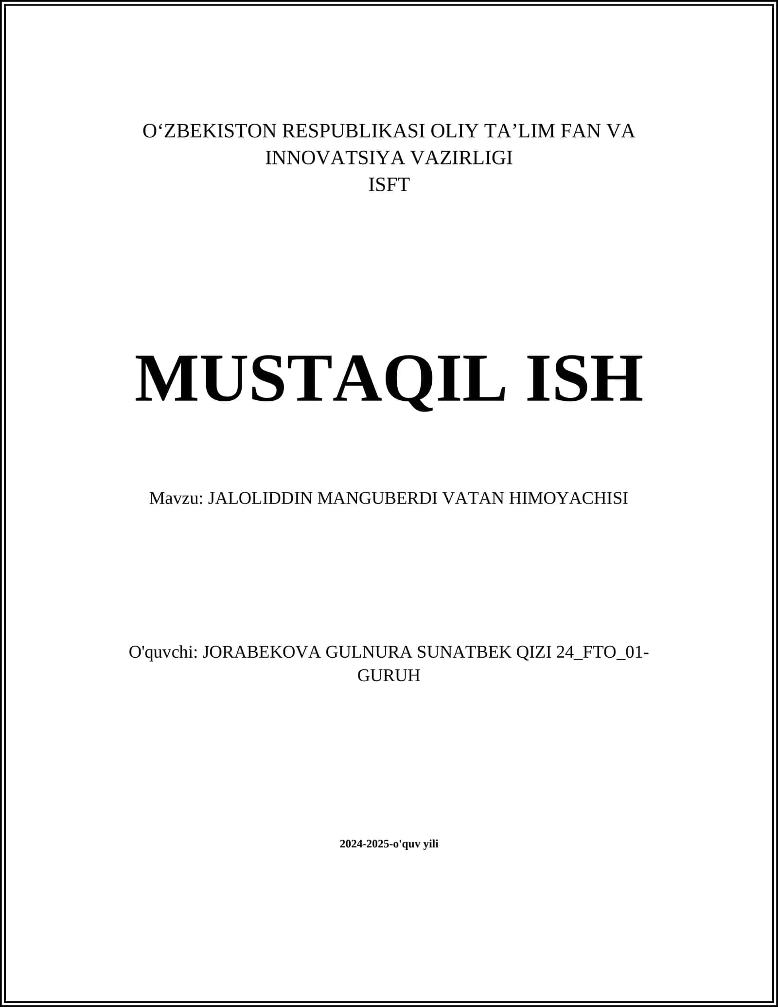 JALOLIDDIN MANGUBERDI VATAN HIMOYACHISI