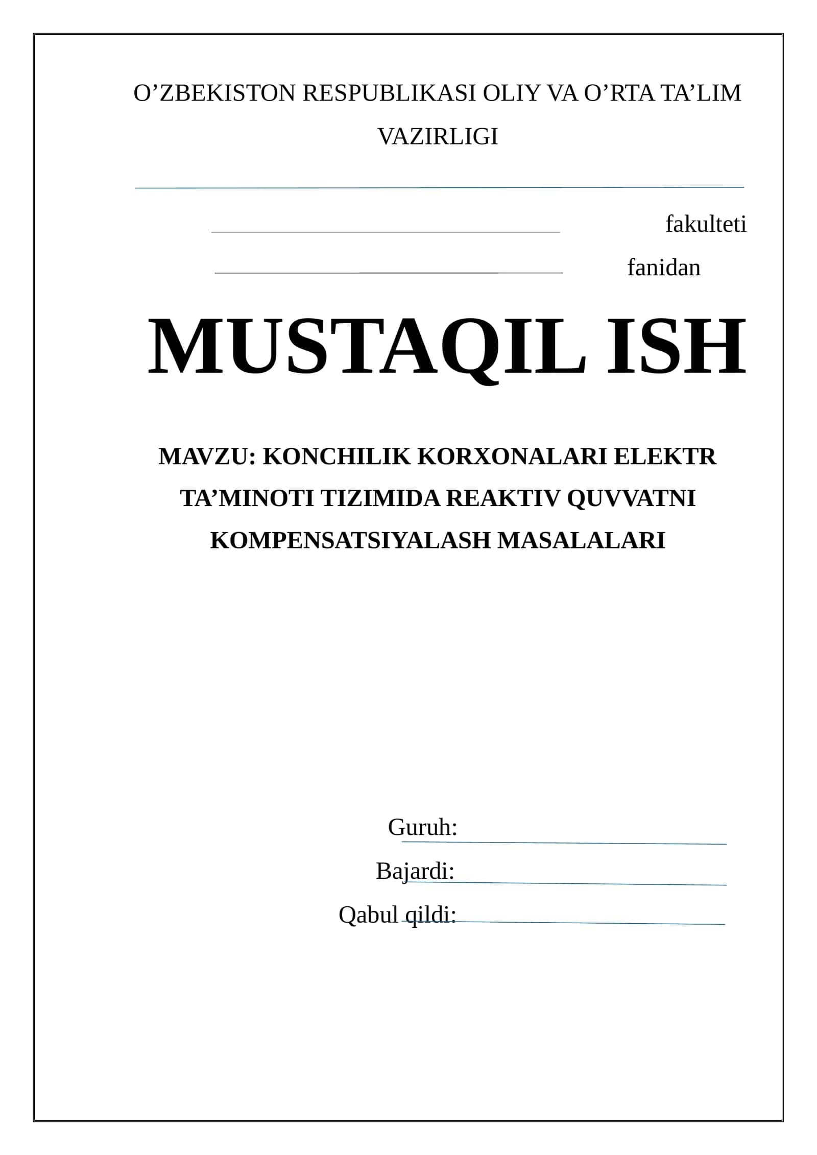 konchilik korxonaslari elektr tarmog'ida Reaktiv quvvat kompensatsiyasi