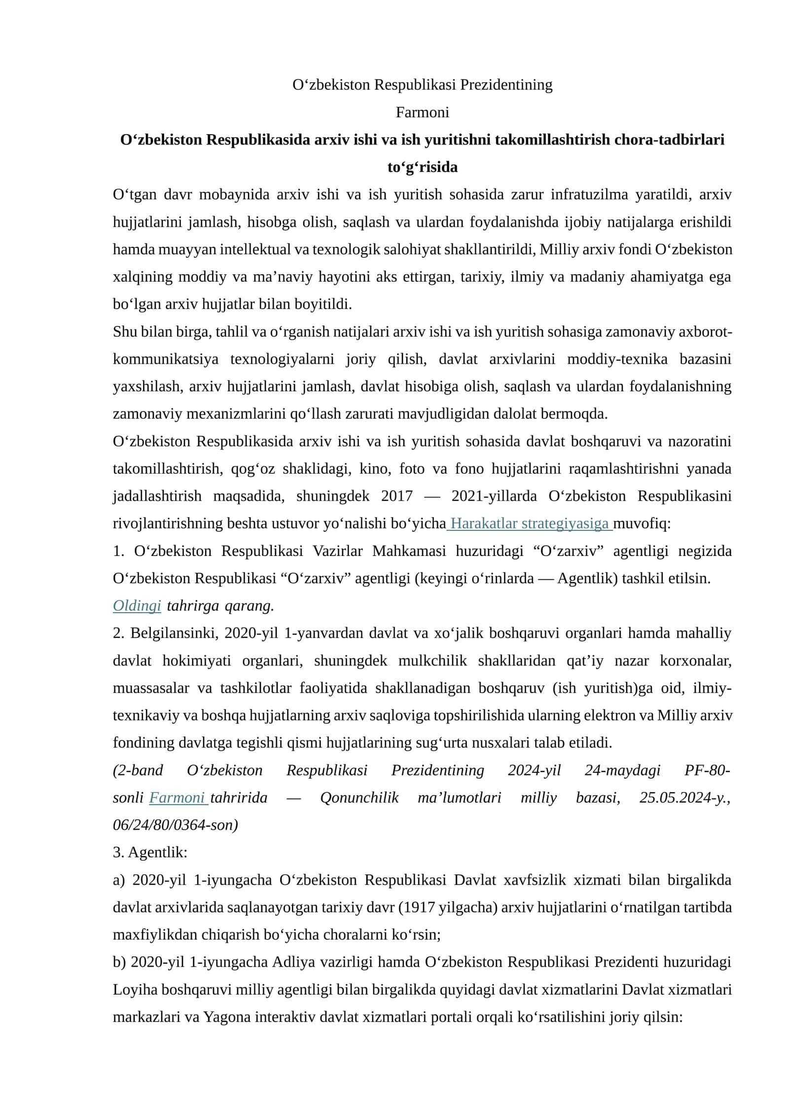 O‘zbekiston Respublikasida arxiv ishi va ish yuritishni takomillashtirish chora-tadbirlari to‘g‘risida