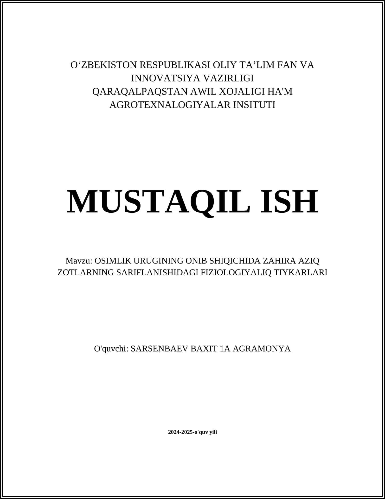 OSIMLIK URUGINING ONIB SHIQICHIDA ZAHIRA AZIQ ZOTLARNING SARIFLANISHIDAGI FIZIOLOGIYALIQ TIYKARLARI