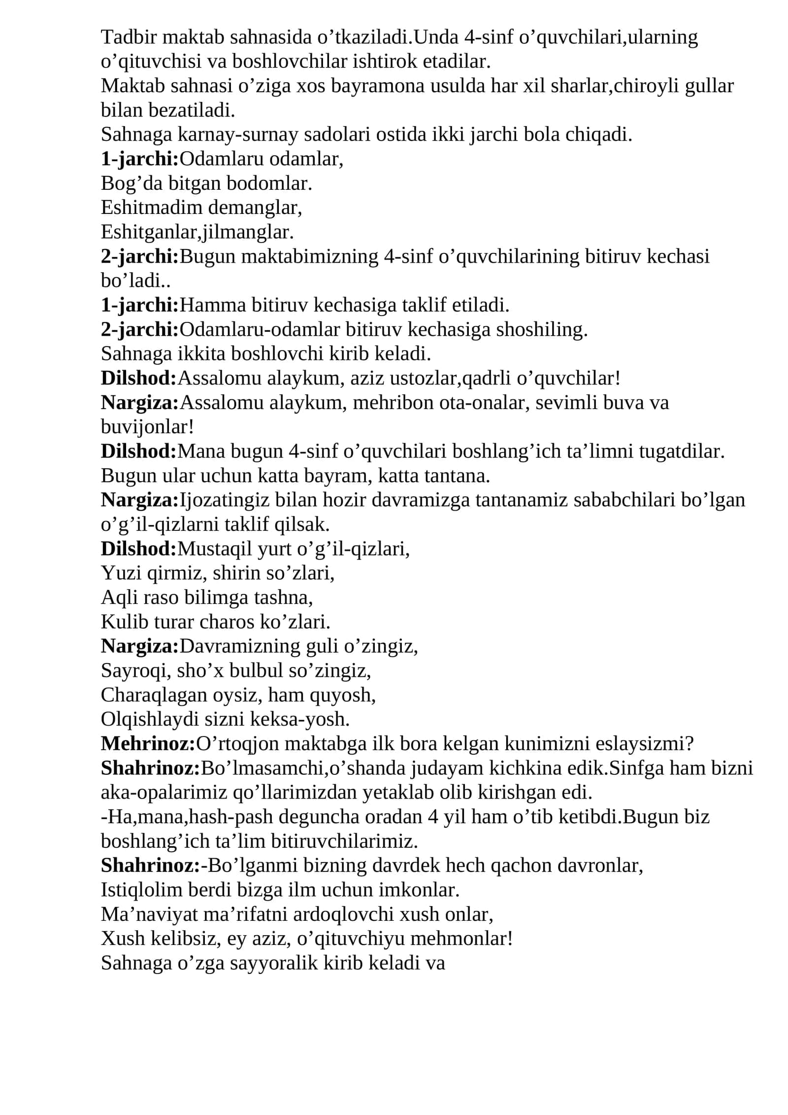 4-sinf o'quvchilarining bitiruv kechasi