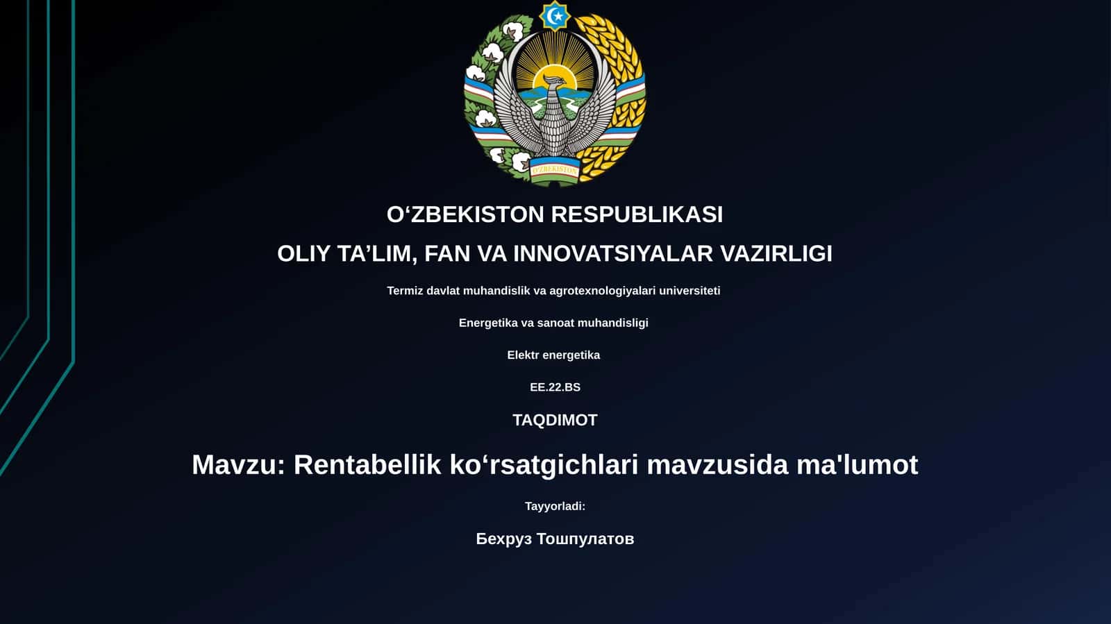 Rentabellik koʻrsatgichlari mavzusida ma'lumot