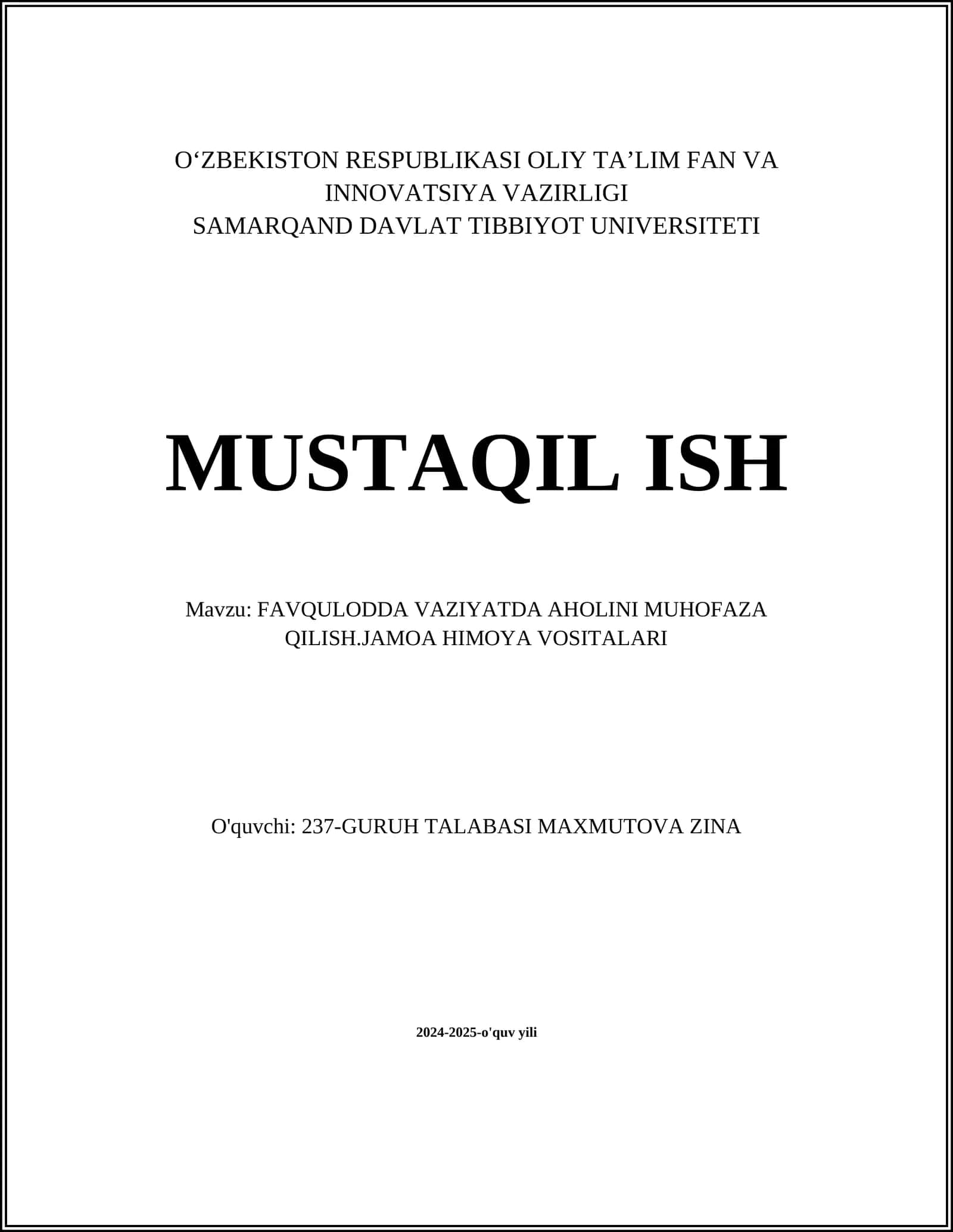 FAVQULODDA VAZIYATLARDA AHOLINI MUHOFAZA QILISH