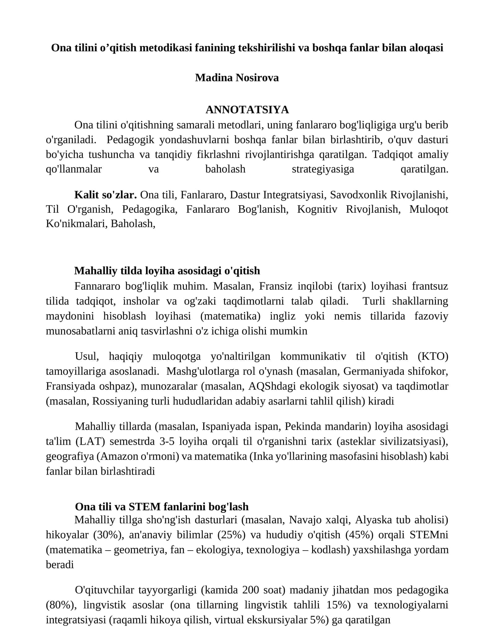 Ona tilini o’qitish metodikasi fanining tekshirilishi va boshqa fanlar bilan aloqasi