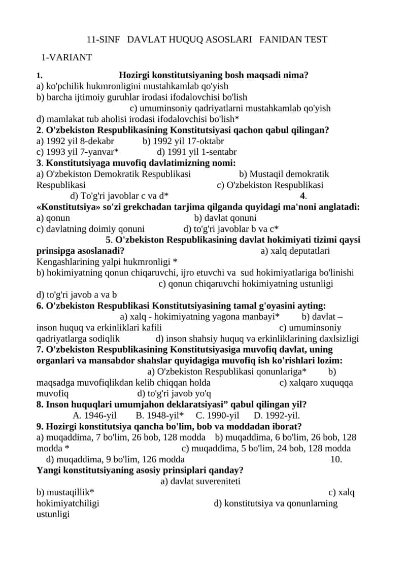 11-SINF DAVLAT HUQUQ ASOSLARI FANIDAN TEST