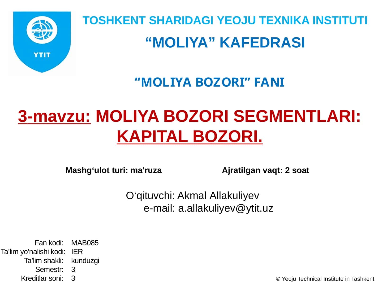 MOLIYA BOZORI SEGMENTLARI:KAPITAL BOZORI
