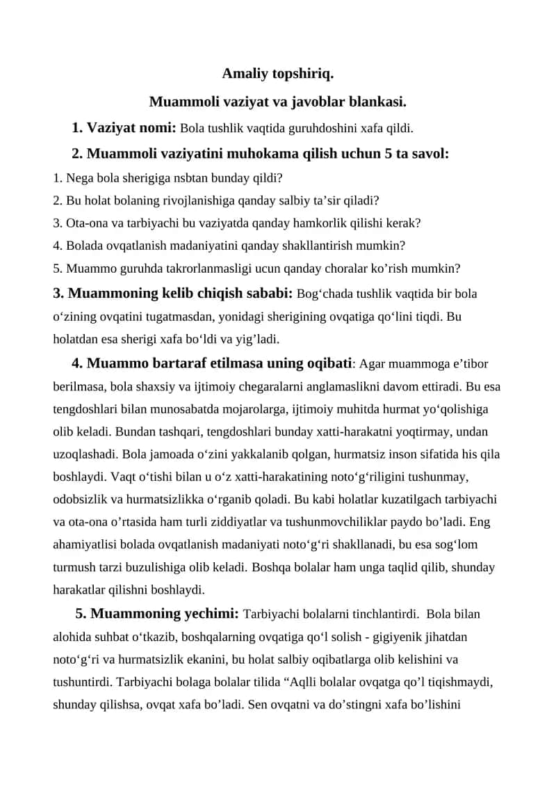 Muammoli vaziyat va javoblar blankasi.