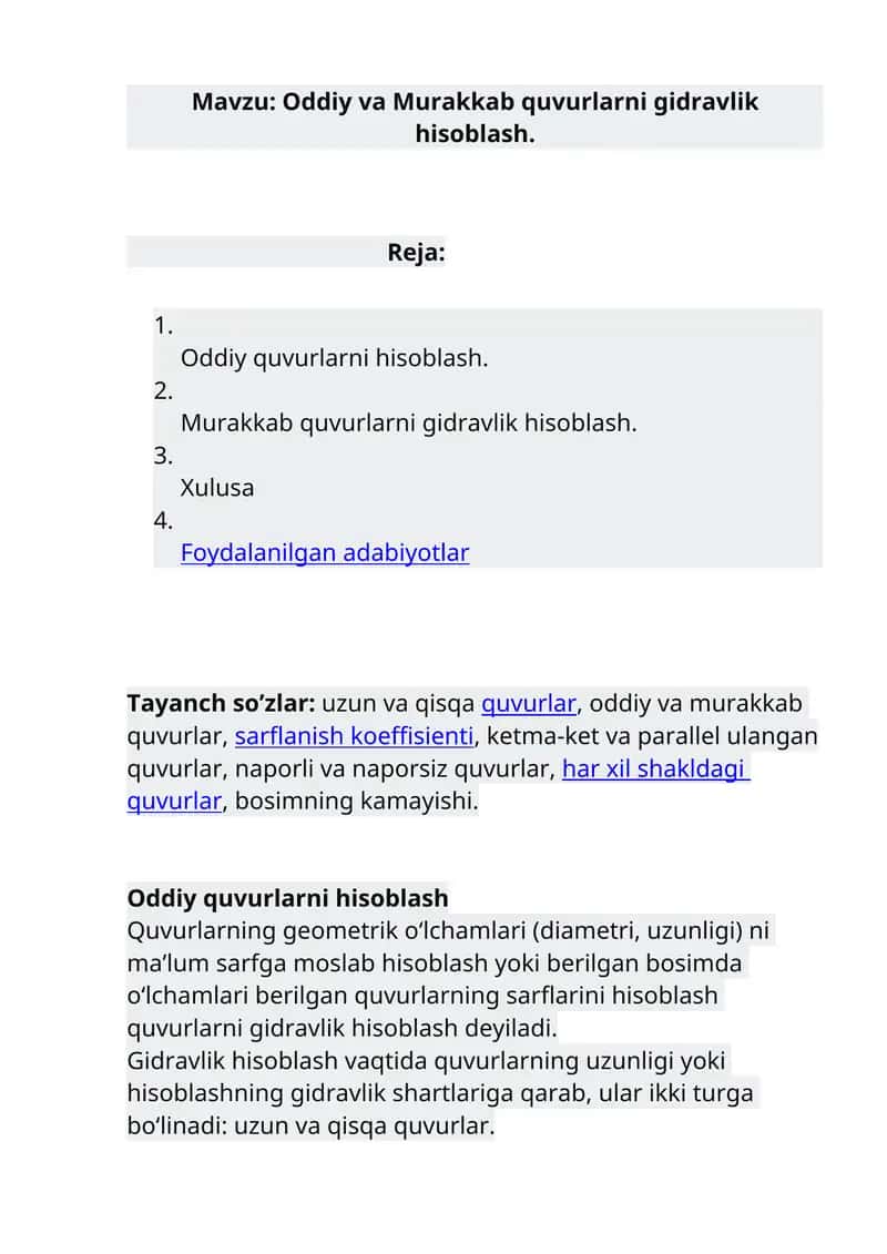Oddiy va Murakkab quvurlarni gidravlik hisoblash