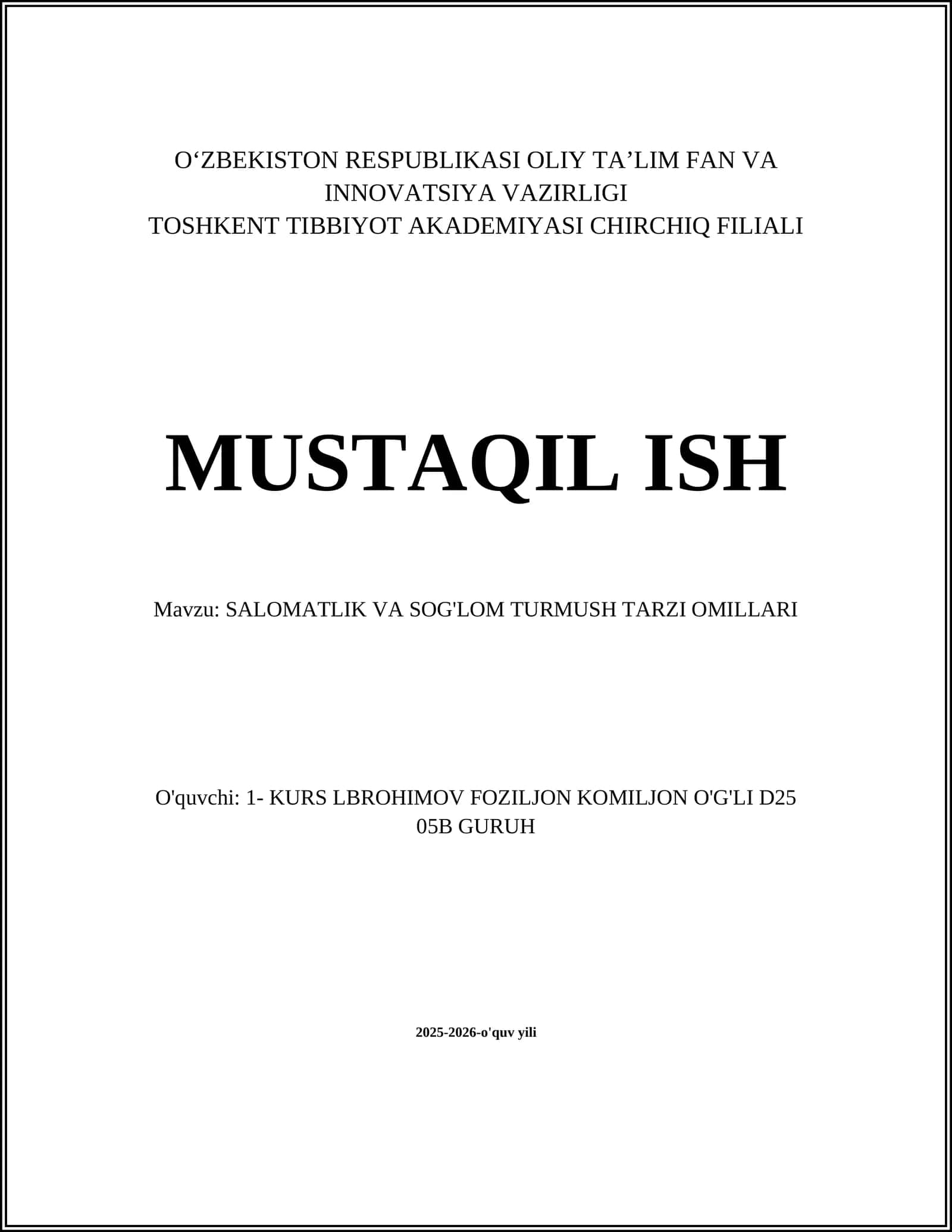 SALOMATLIK VA SOG'LOM TURMUSH TARZI OMILLARI
