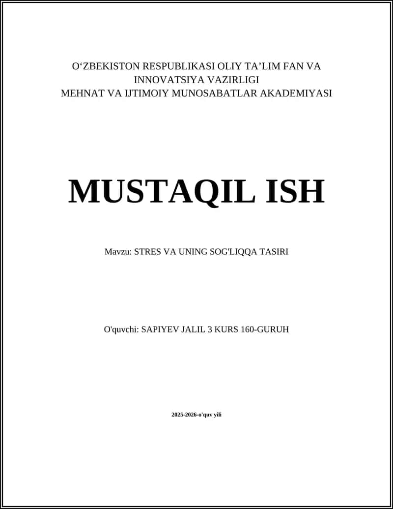 STRES VA UNING SOG'LIQQA TASIRI