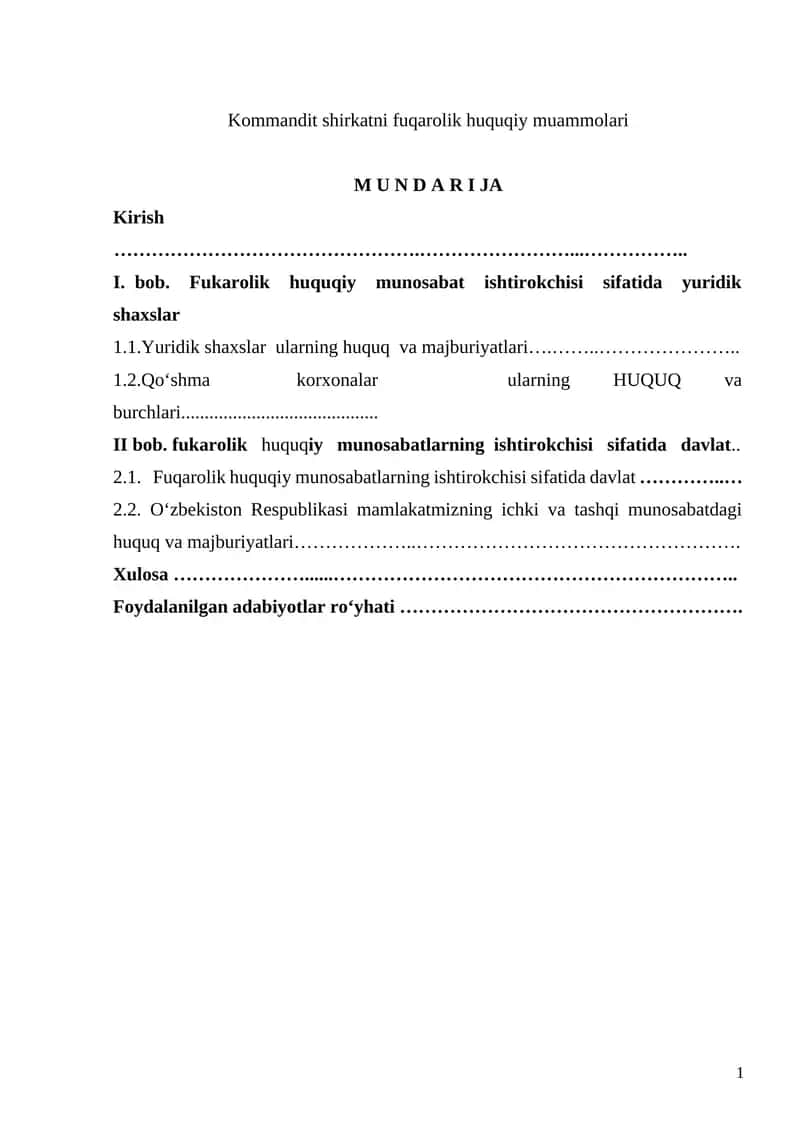 Kommandit shirkatni fuqarolik huquqiy muammolari
